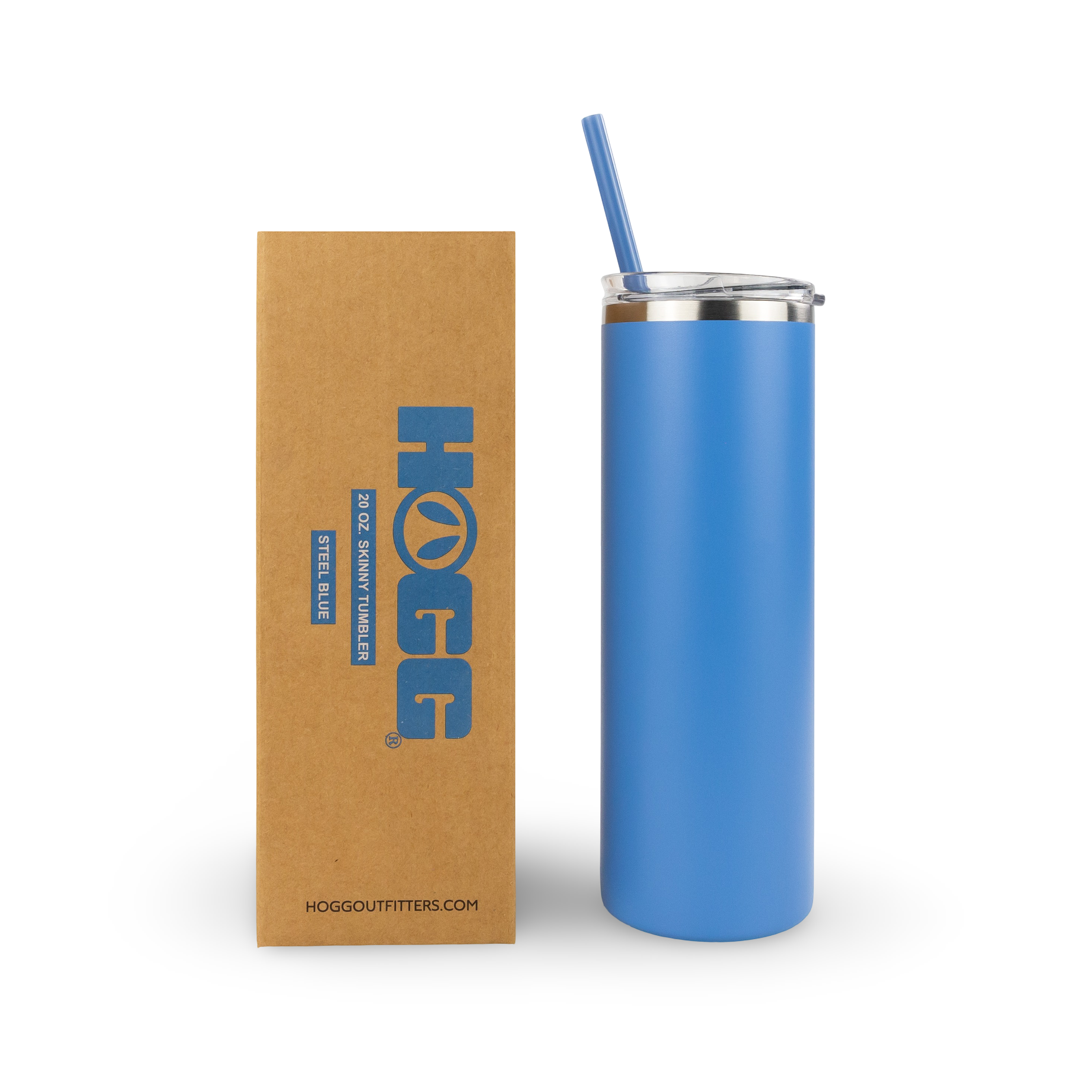 Steel blue 20oz skinny tumbler with straw and branded cardboard box