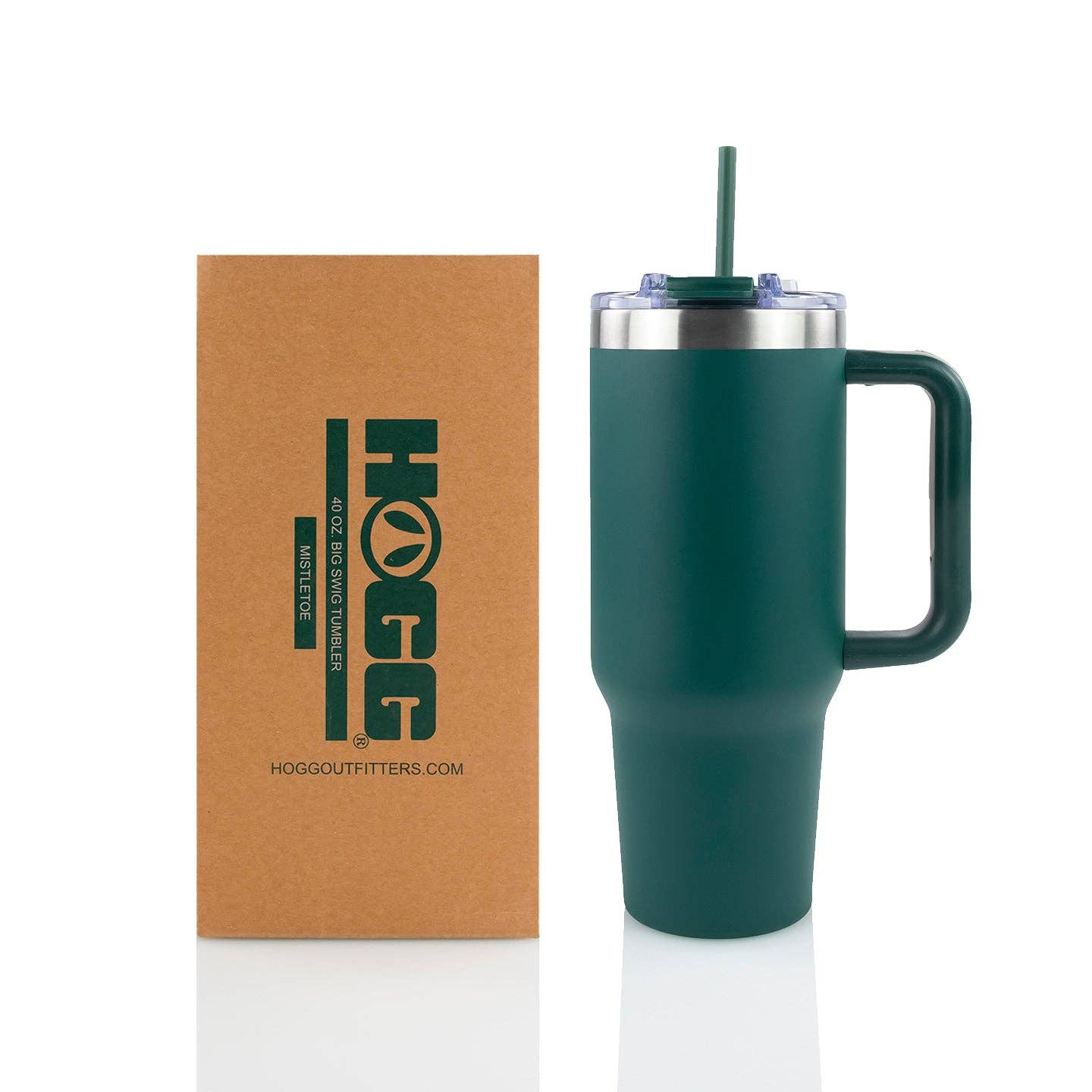 Green insulated travel tumbler with handle and straw beside HOGG packaging box