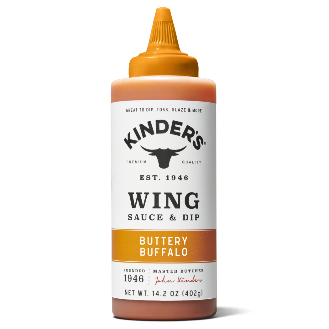 Kinder's Buttery Buffalo wing sauce and dip in squeeze bottle, 14.2 oz, orange label