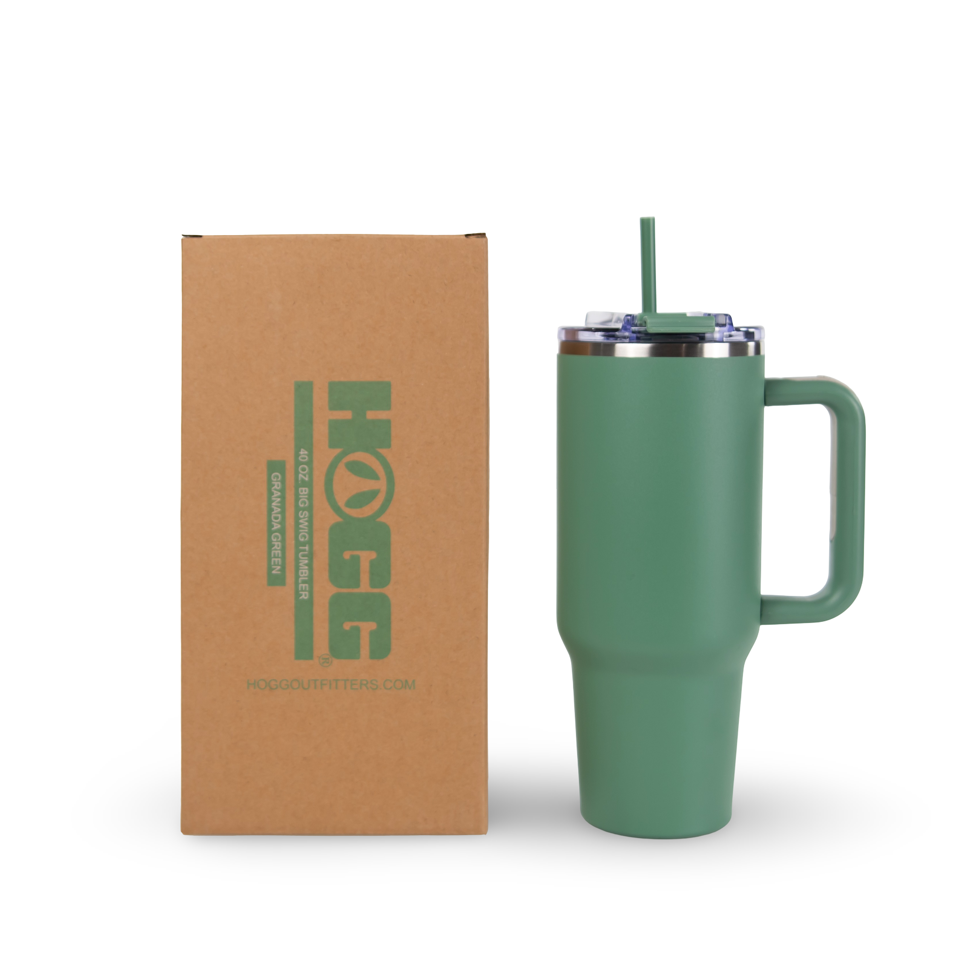 Green insulated tumbler with handle and straw next to branded box, ideal for camping or outdoor use