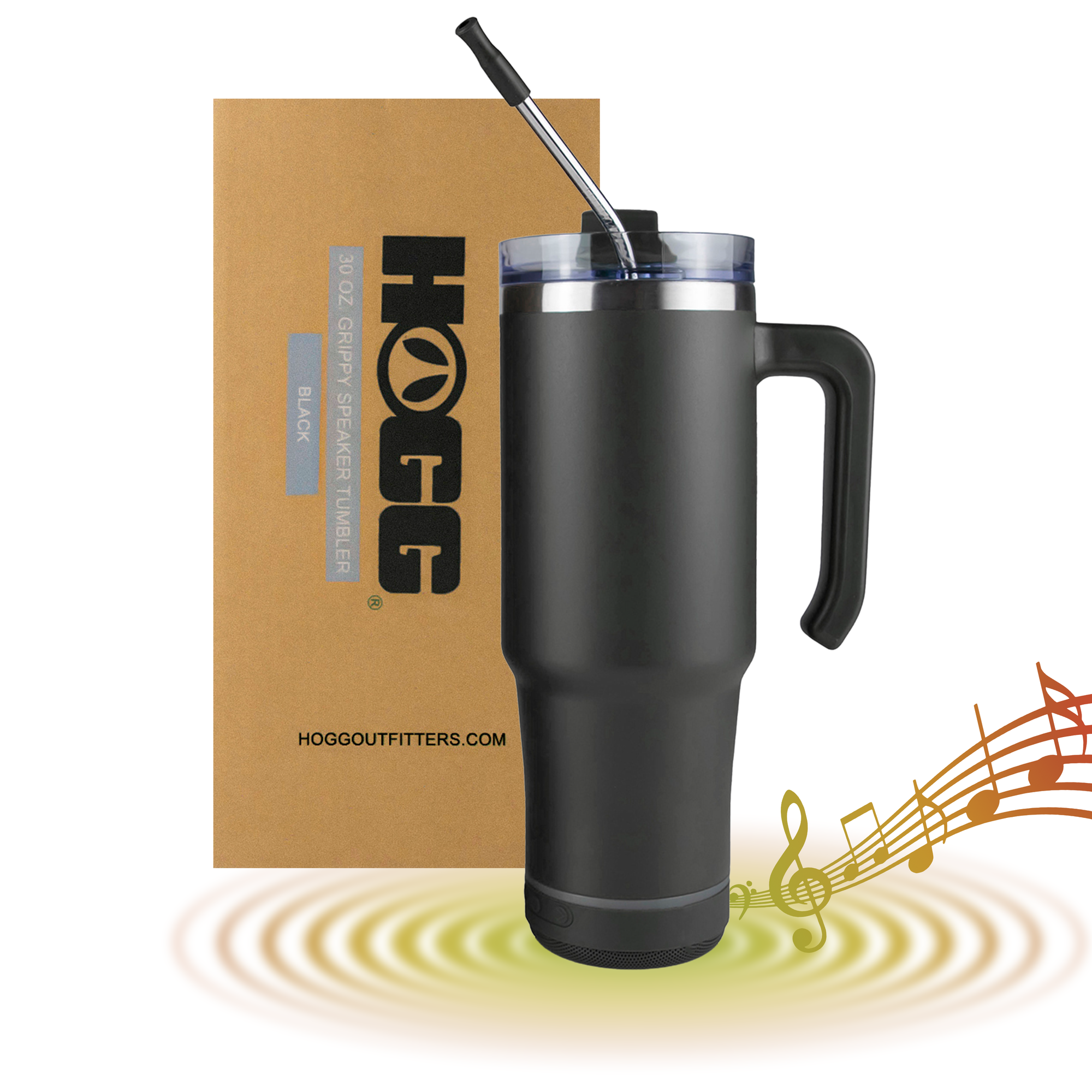 Black travel tumbler with handle, built-in speaker, straw, and gift box, musical notes illustration