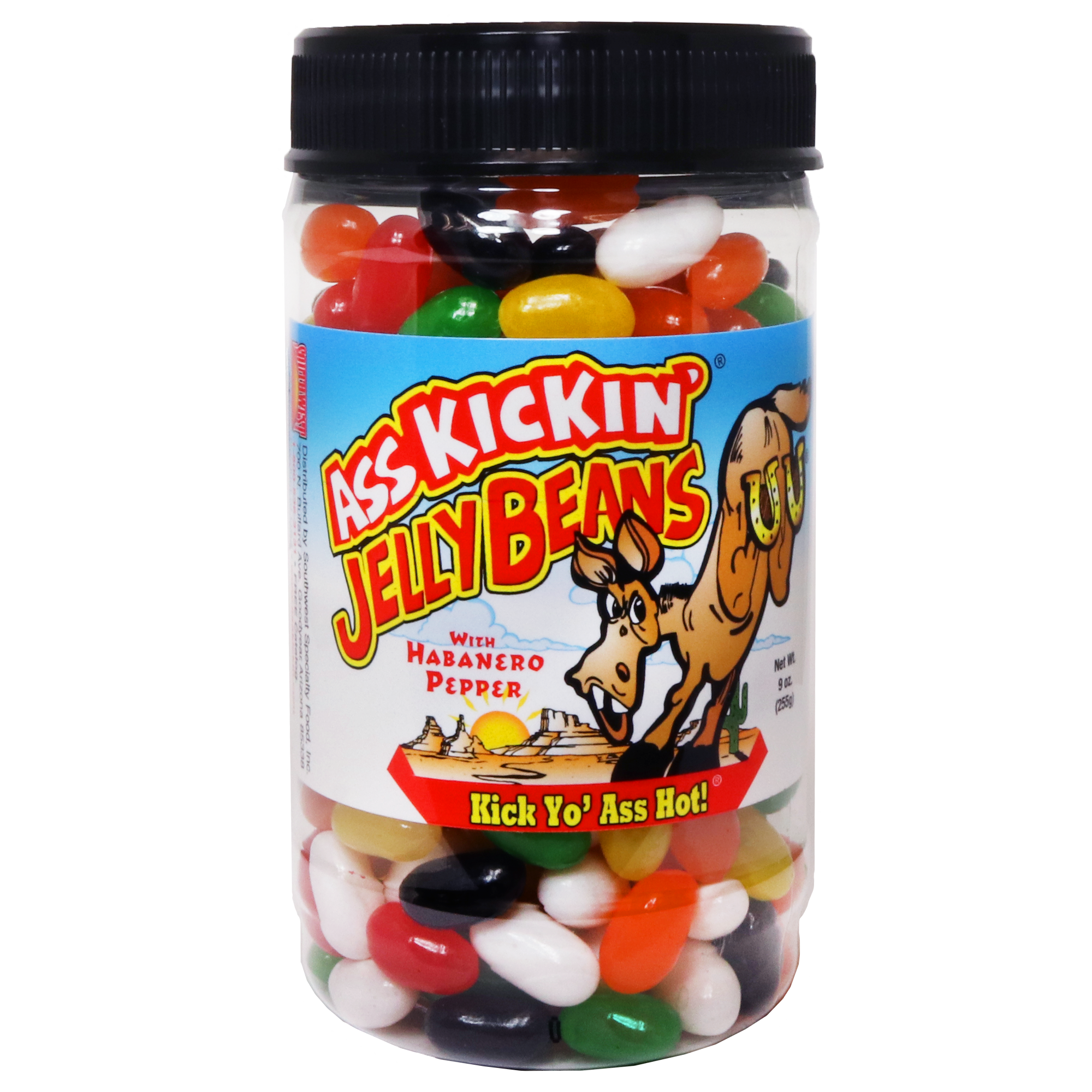 Jar of spicy habanero jelly beans with colorful candy pieces and humorous label