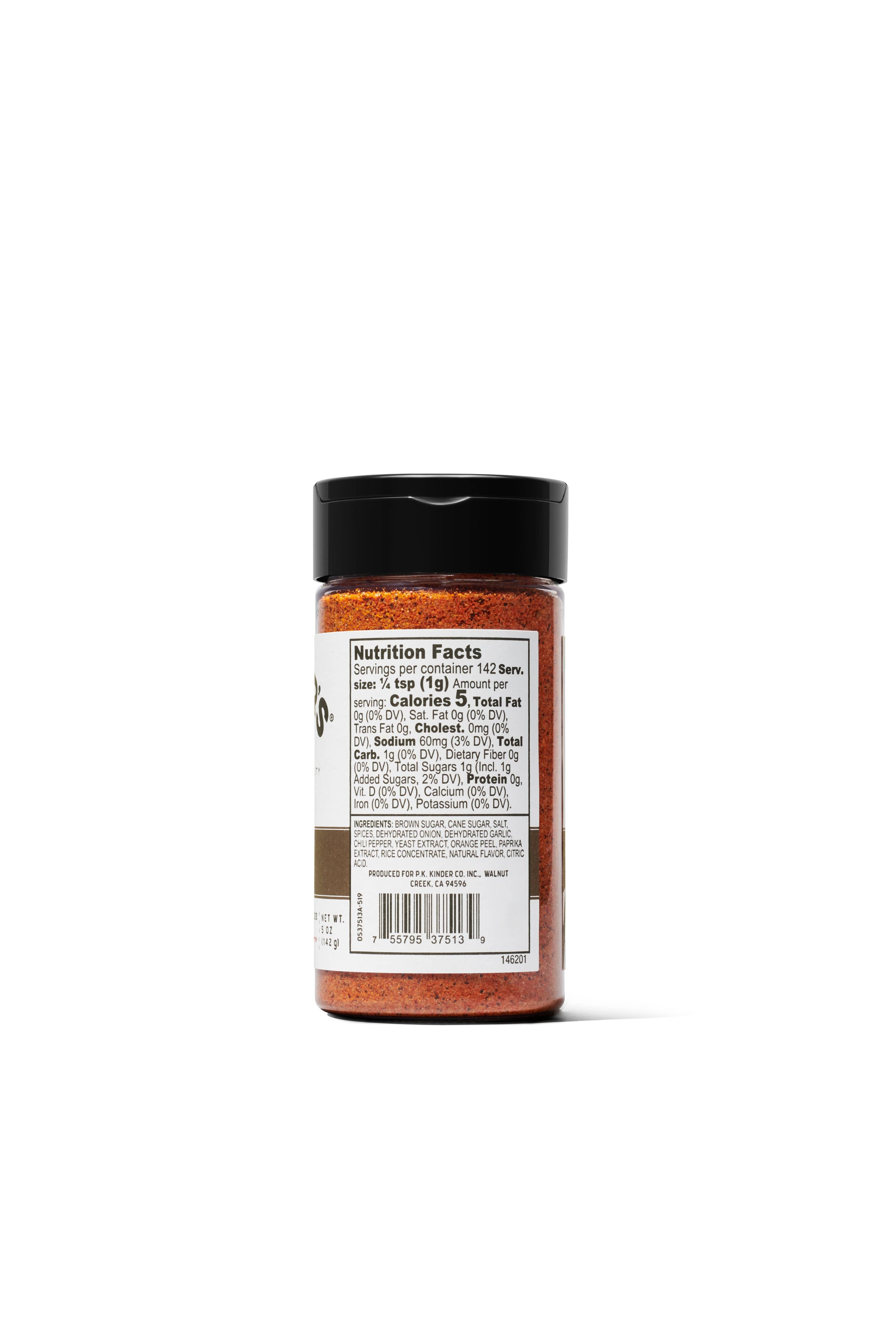 Back view of spice seasoning bottle with nutrition facts and ingredients label, white background