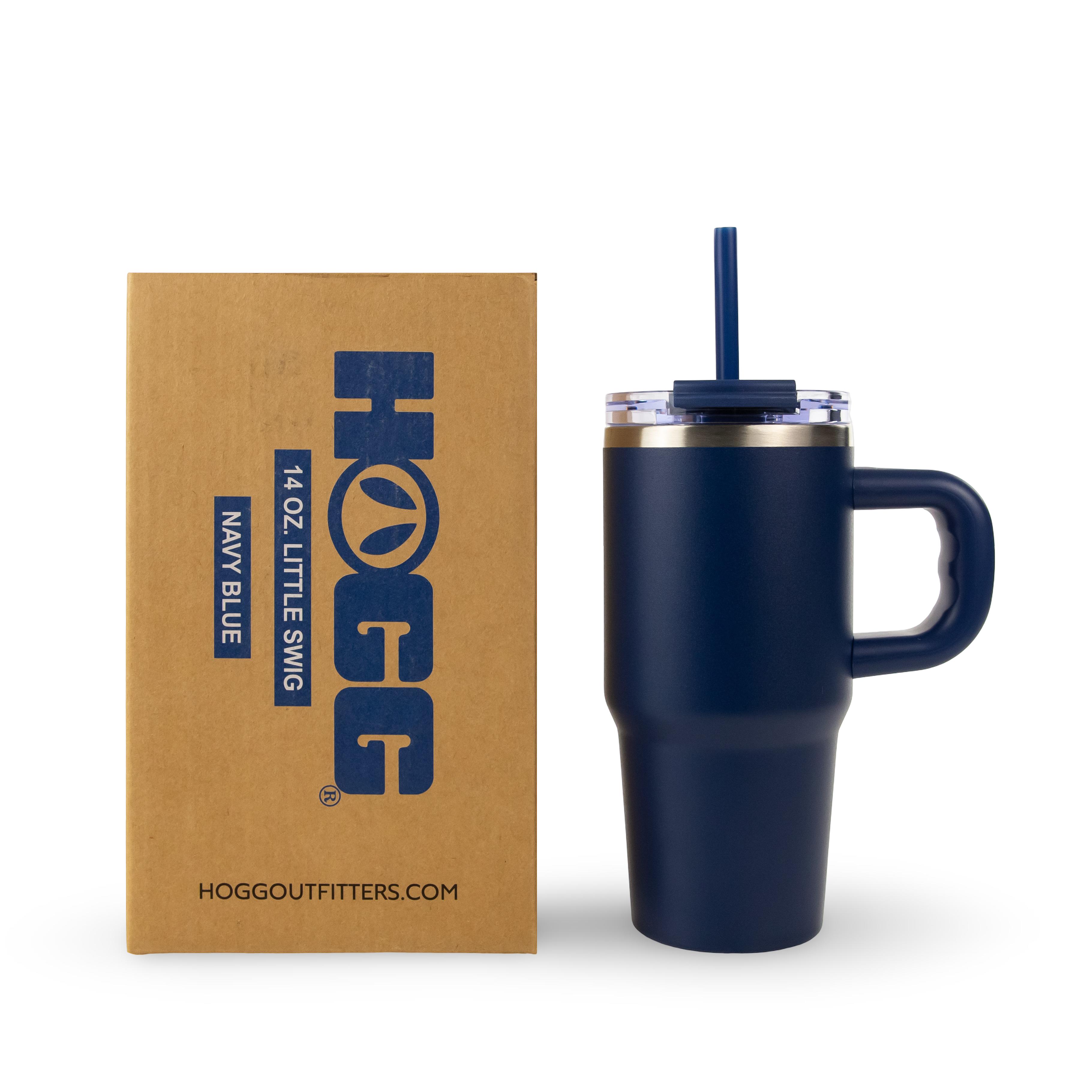 Navy blue 14oz insulated travel mug with handle and straw, next to branded packaging