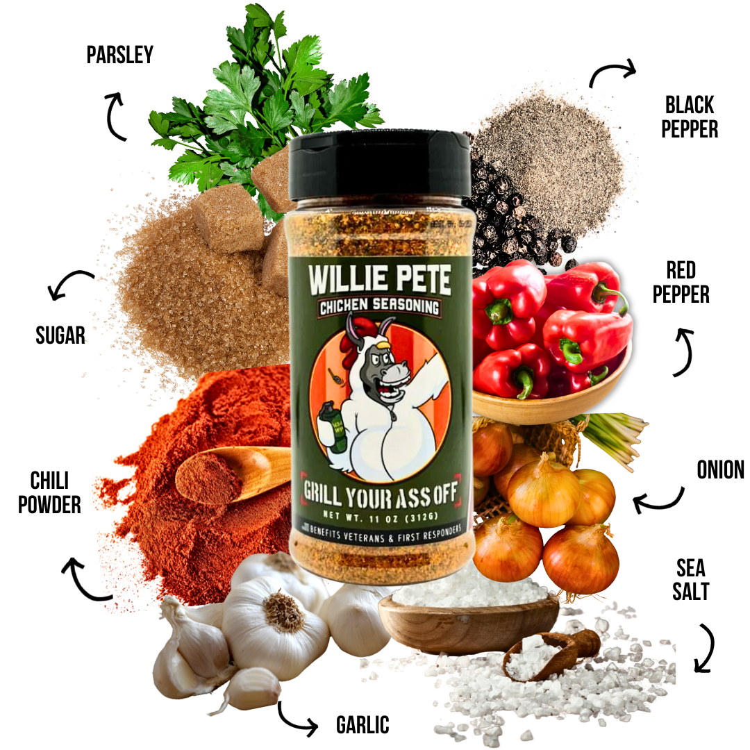 Willie Pete chicken seasoning bottle with parsley, black pepper, chili powder, red pepper, onion, garlic, sugar, and sea salt ingredients.