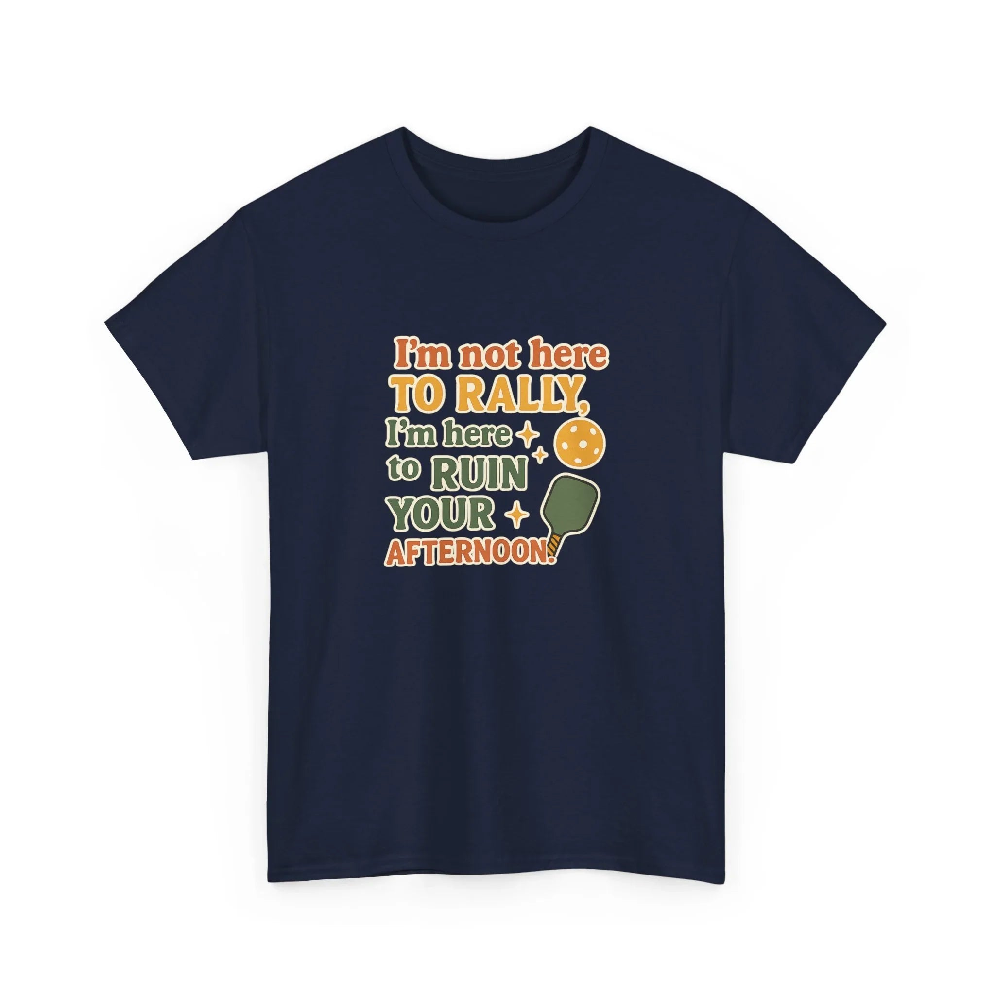 Navy blue pickleball t-shirt with playful text and paddle graphic, perfect for outdoor sports