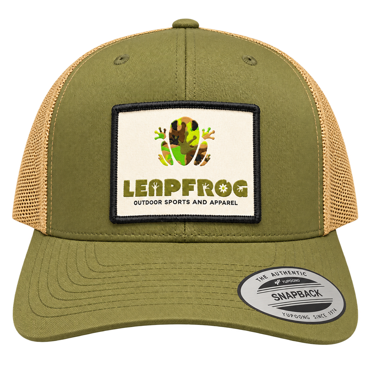 Olive-green and tan Leapfrog Outdoor mesh snapback hat with logo patch.
