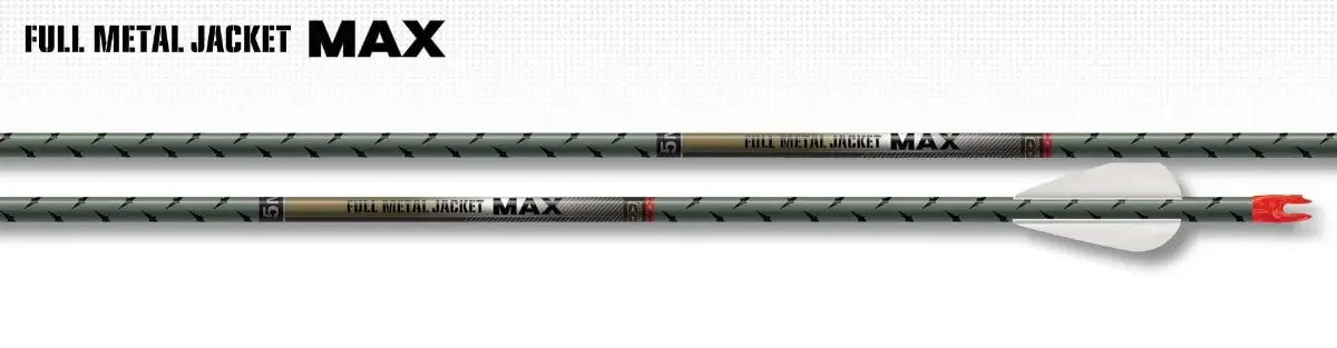 Full Metal Jacket MAX carbon hunting arrows with white vanes and red nocks on white background