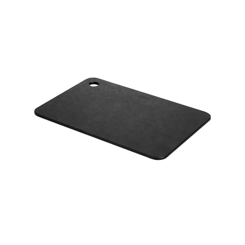 Black rectangular cutting board for camping or outdoor kitchen with hanging hole