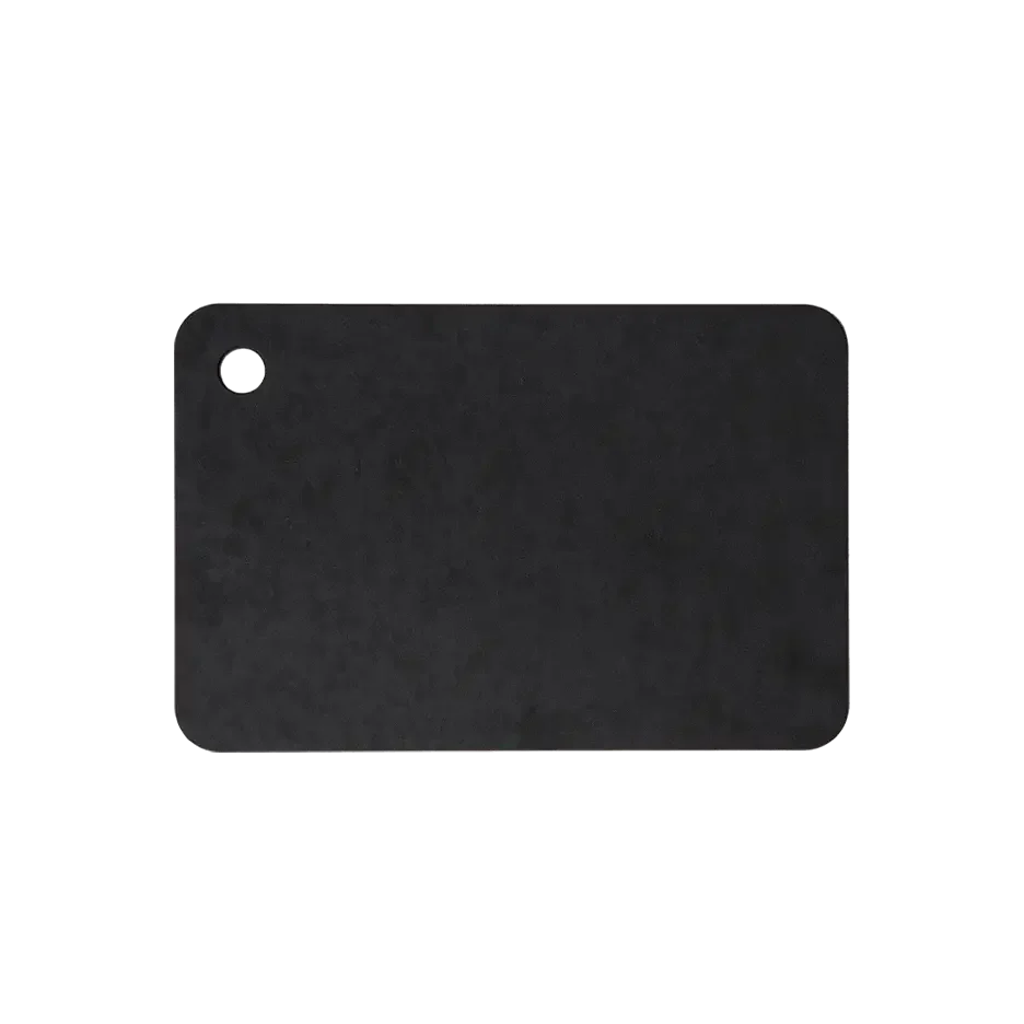 Black rectangular outdoor cutting board with rounded corners and hanging hole