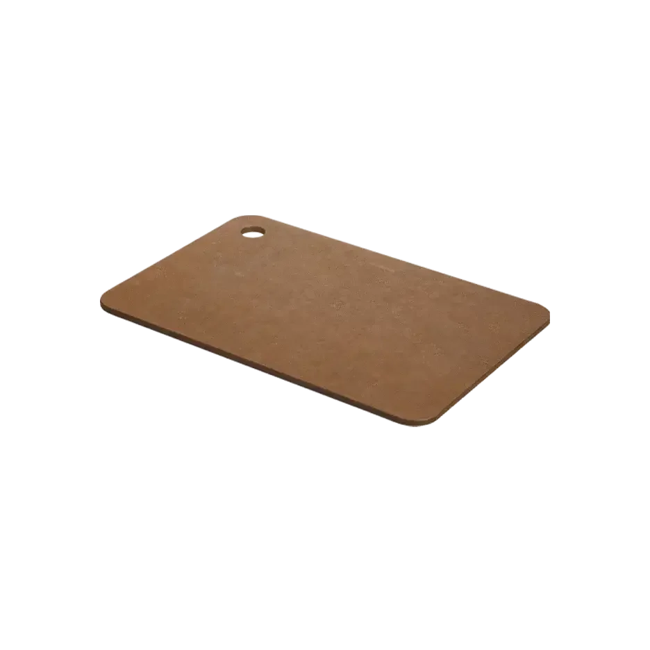Rectangular brown cutting board with rounded corners and a hanging hole, camping kitchen gear
