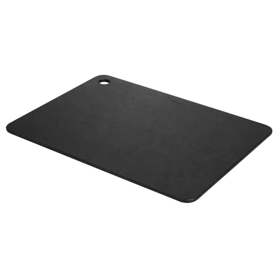 Black rectangular cutting board with rounded corners and hanging hole, outdoor kitchen gear