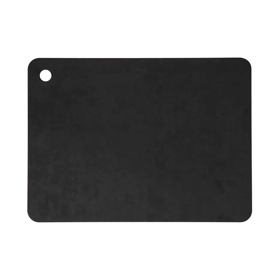Rectangular black camping cutting board with rounded corners and hole in corner