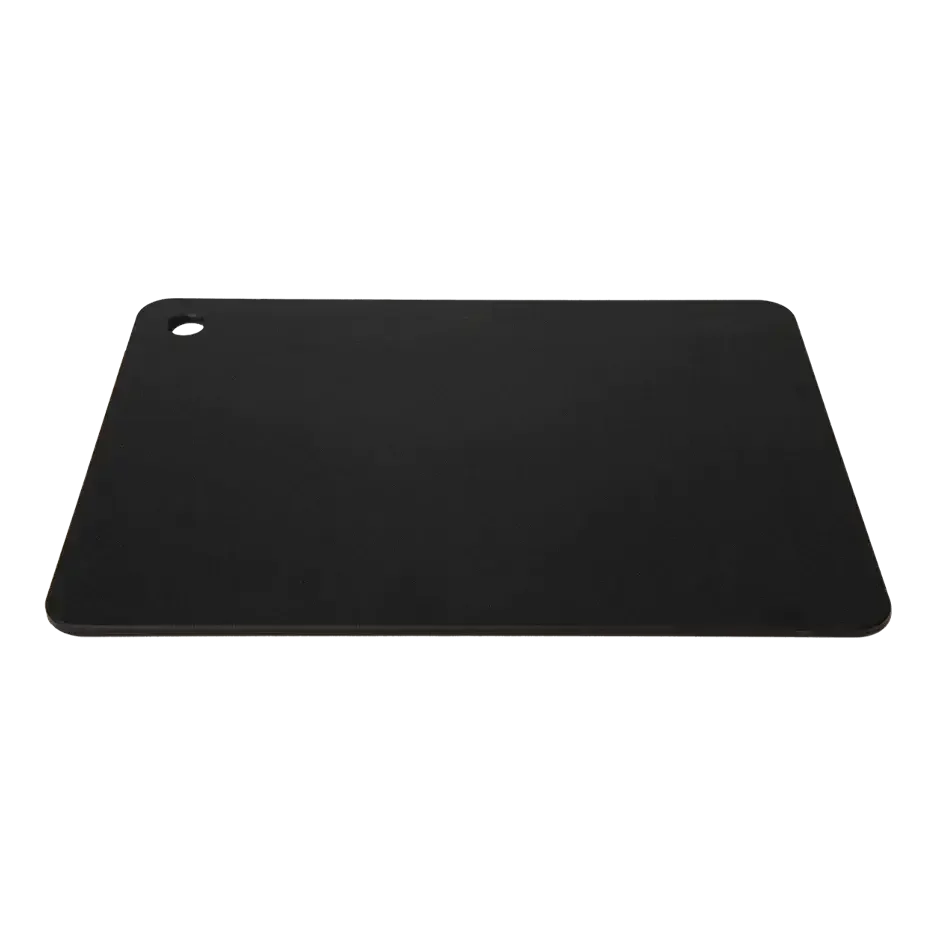 Black rectangular outdoor cutting board with rounded corners and a hanging hole