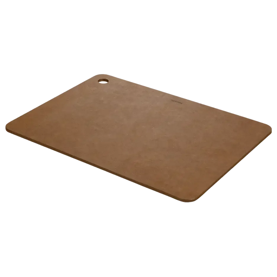 Brown rectangular camping cutting board with rounded corners and a hanging hole