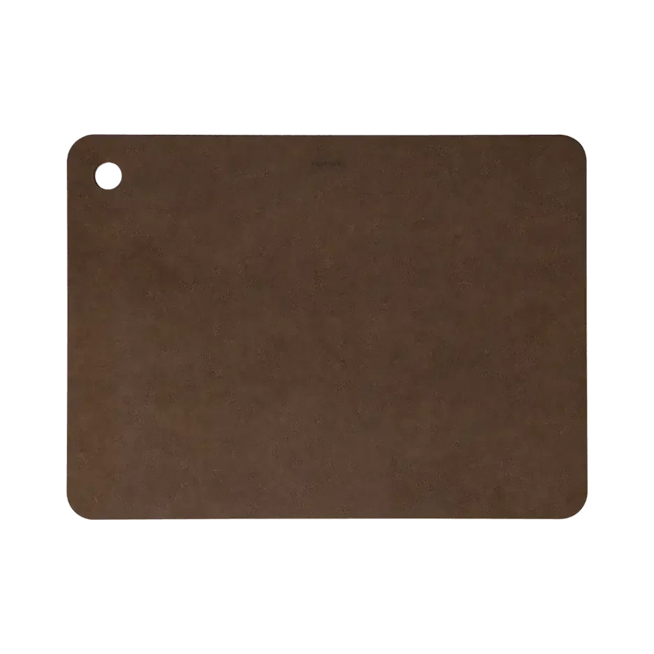 Brown rectangular cutting board with hole, suitable for camping or outdoor cooking