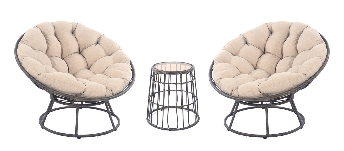 Outdoor patio set with two round tufted lounge chairs and a matching metal accent table