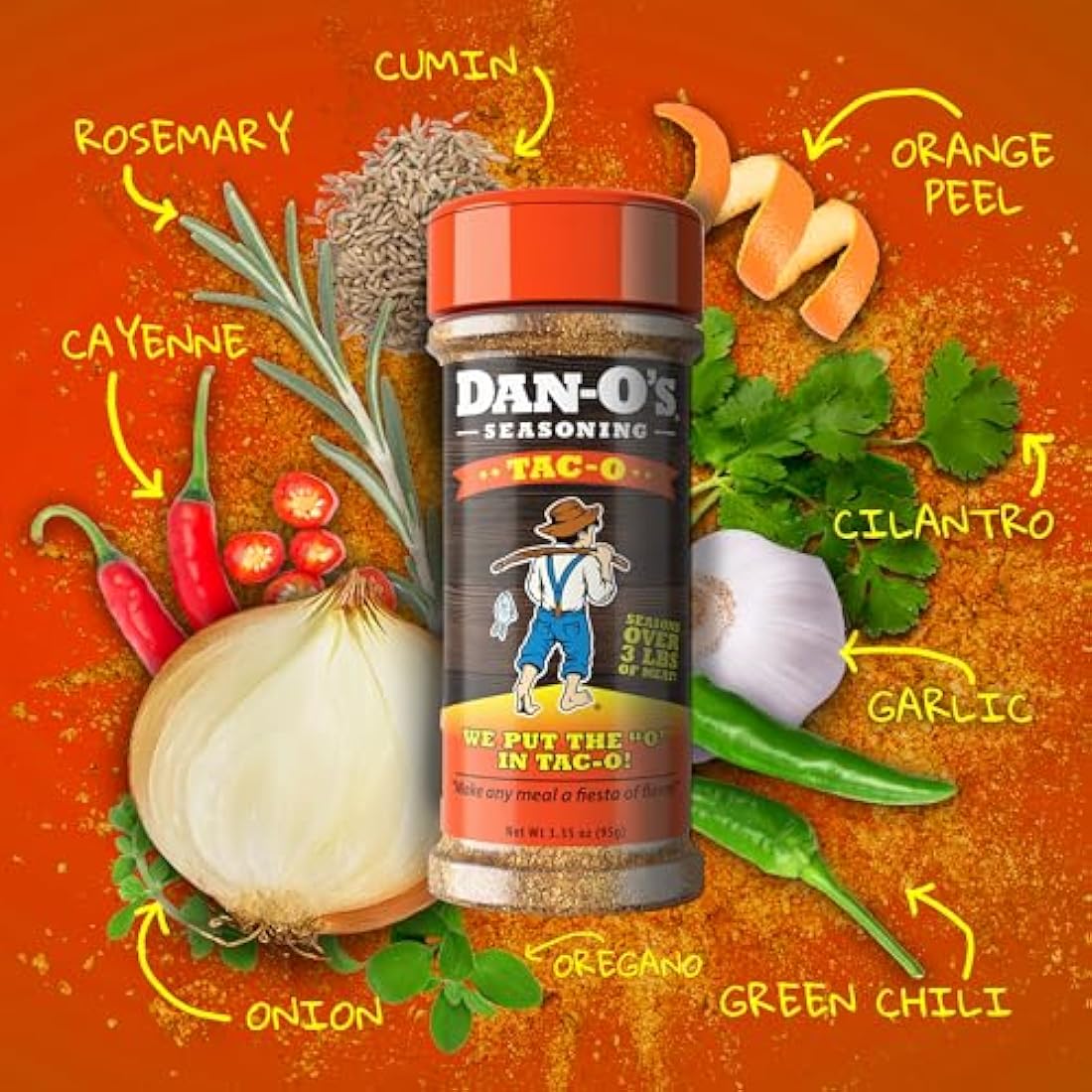 Dan-O's TAC-O seasoning with herbs and spices including chili, cumin, orange peel, onion, garlic, cilantro, rosemary, cayenne, and oregano.