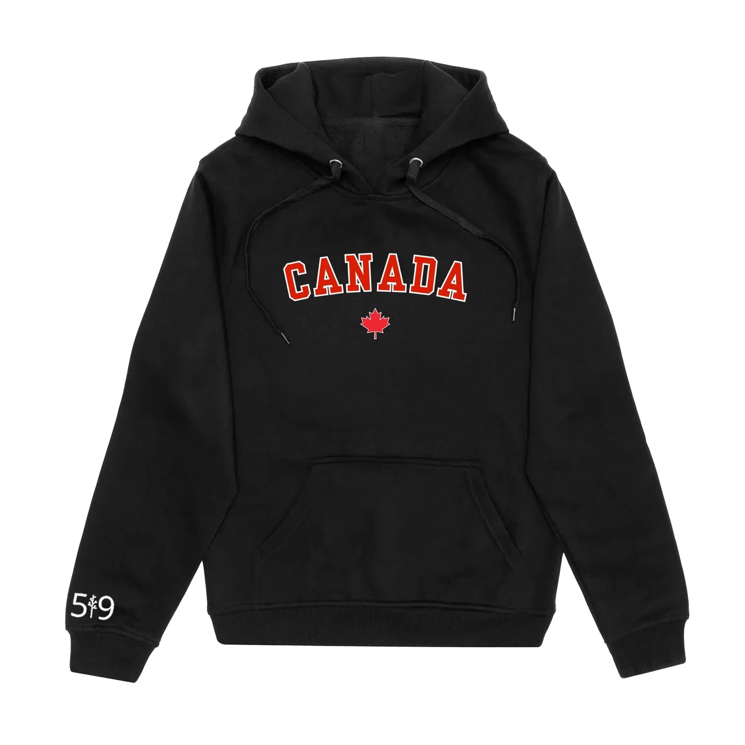 Black Canada hoodie with red maple leaf and white 5*9 sleeve print on front.