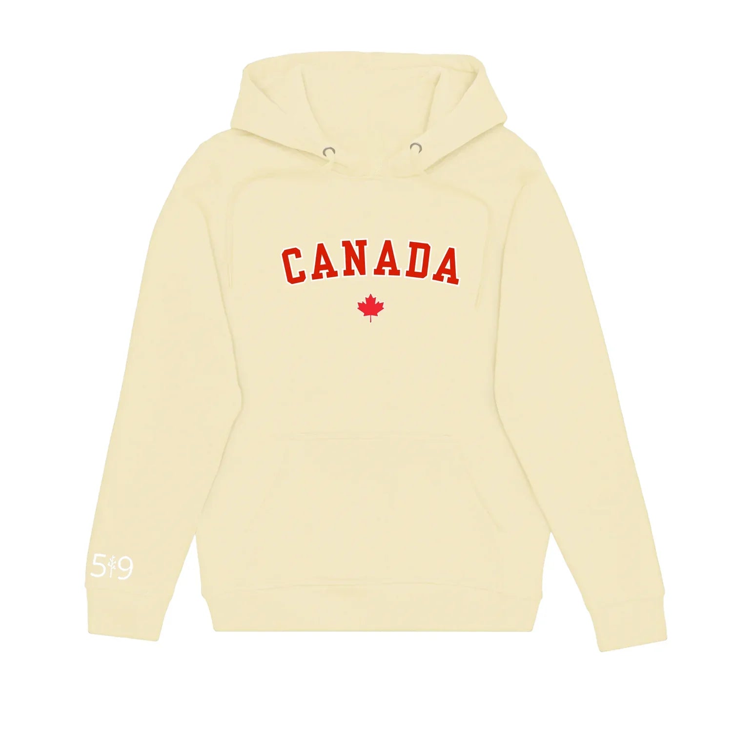 Ivory Canada hoodie with red maple leaf, front pouch pocket, and 5|9 on sleeve