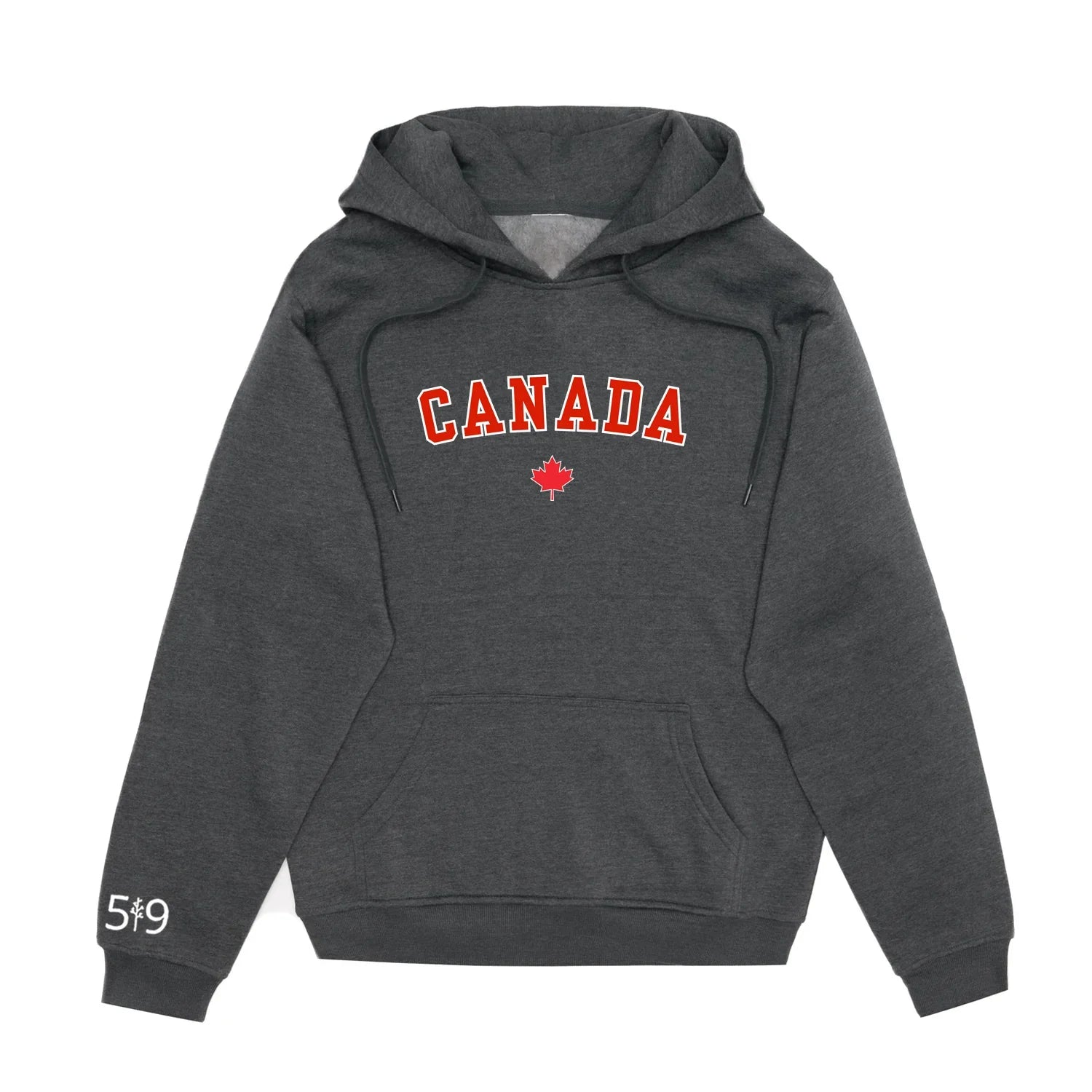 Charcoal Canada hoodie with red maple leaf and white 5*9 detail on sleeve