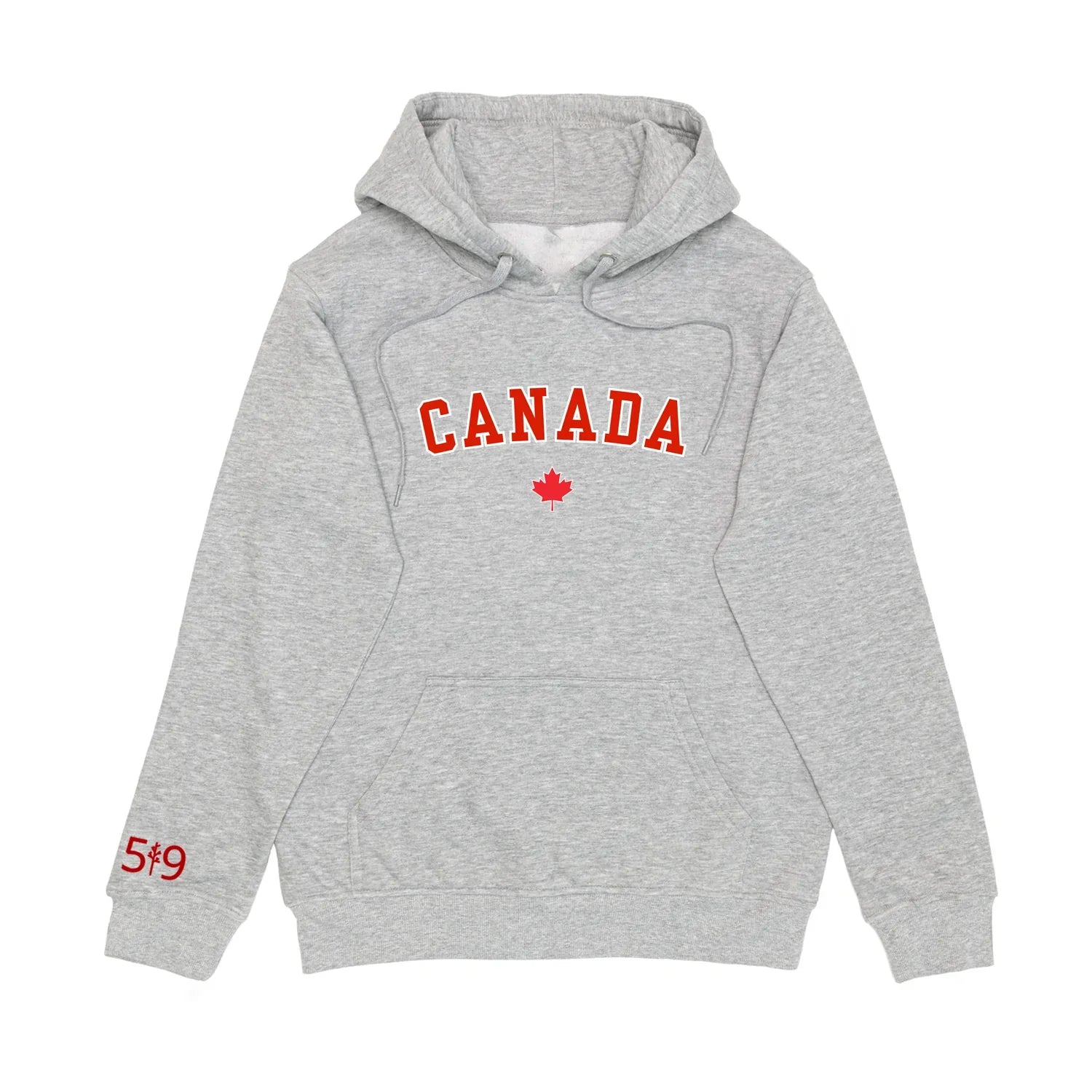 Gray Canada hoodie with red maple leaf and 5*9 text on sleeve, front view
