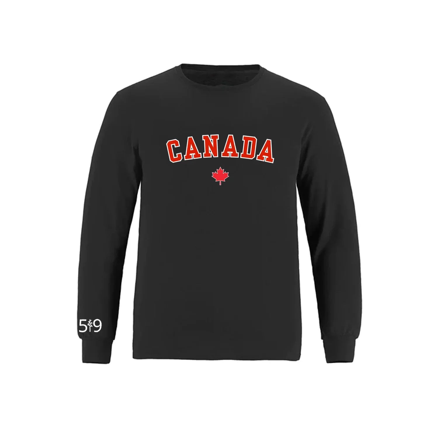 Black Canada long sleeve shirt with red Canada text and maple leaf, 5*9 on left sleeve