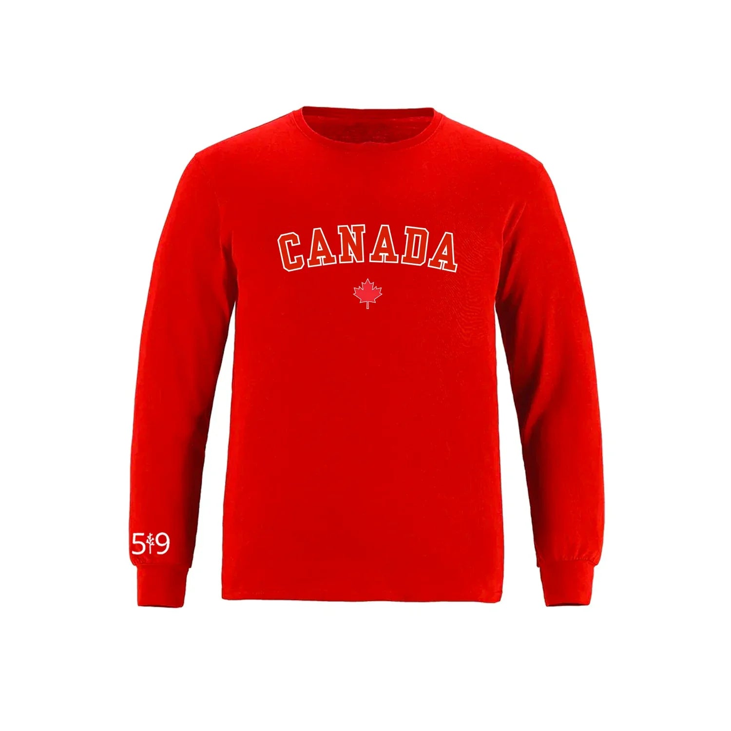 Red Canada long sleeve shirt with white Canada text, maple leaf, and 519 logo on sleeve