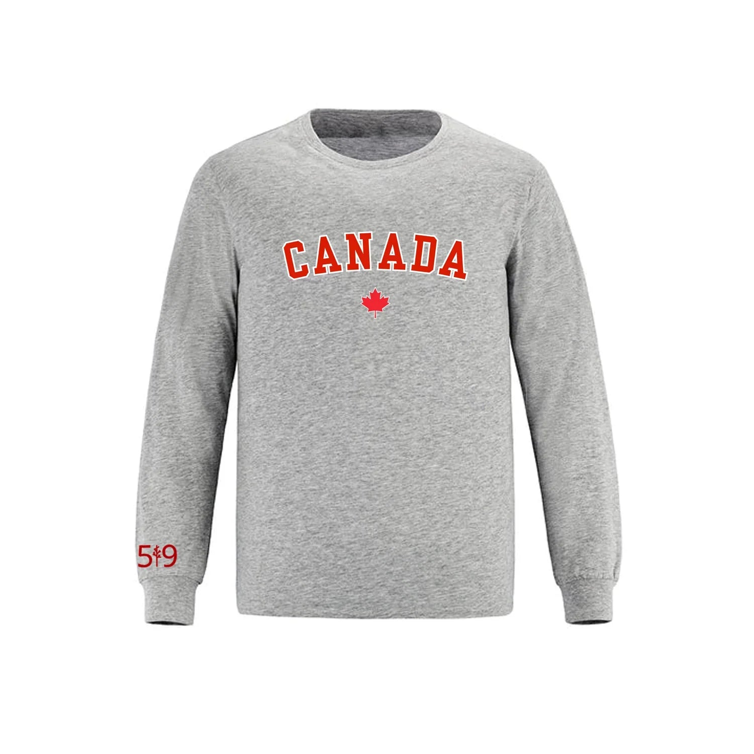 Grey Canada sweatshirt with red maple leaf and 5*9 on sleeve, long-sleeve crewneck.