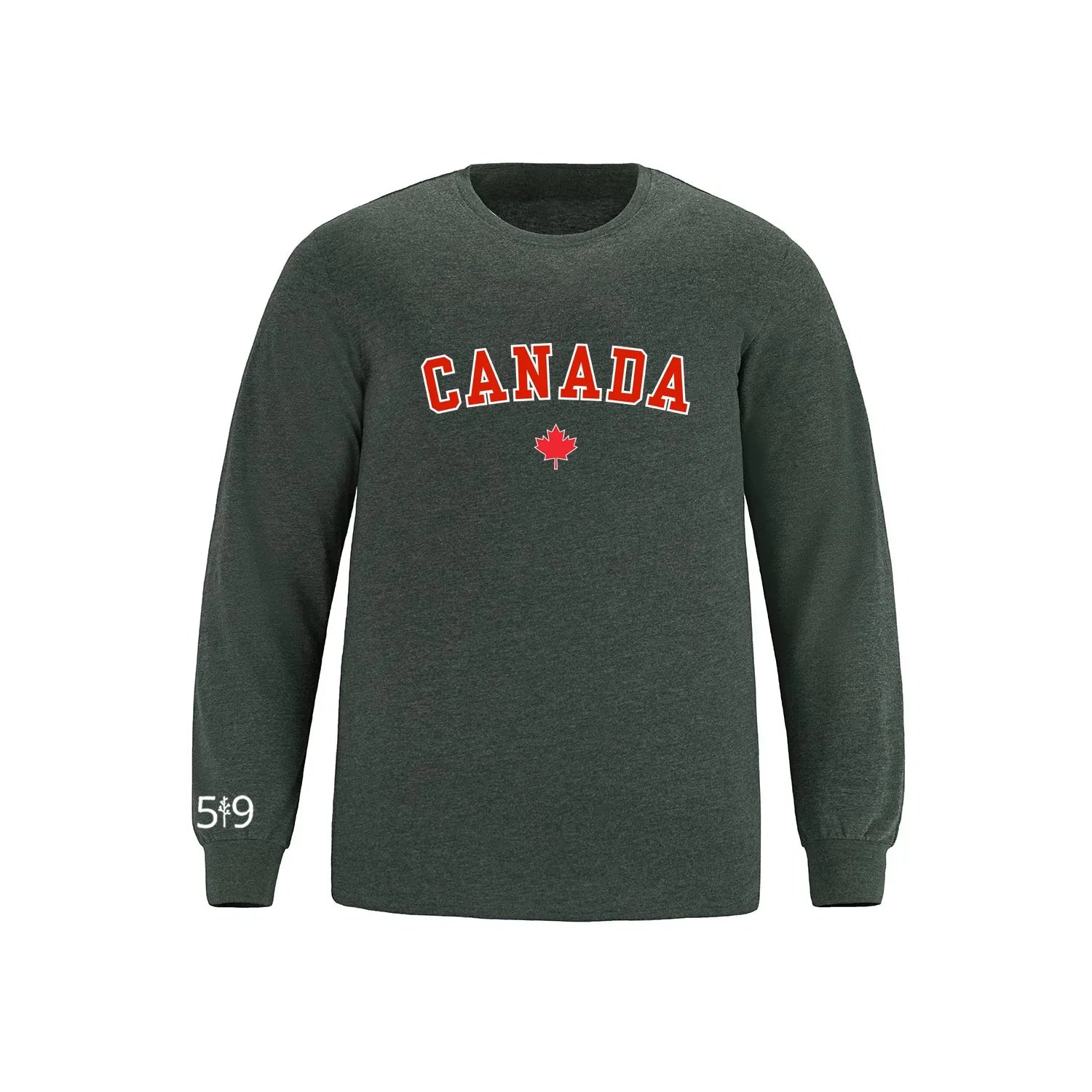 Charcoal long sleeve shirt with red Canada text and maple leaf graphic, 5*9 logo on sleeve.