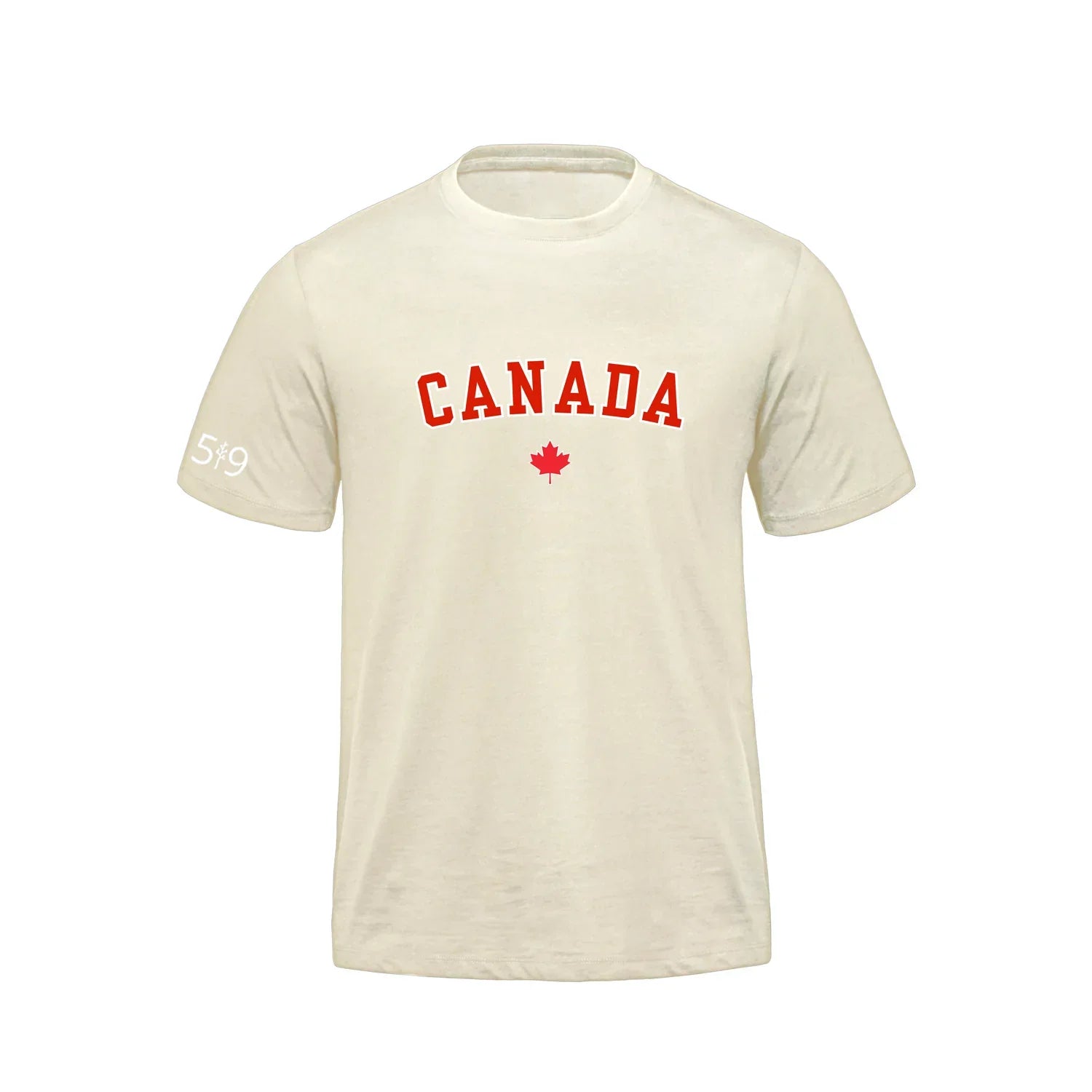 Ivory Canada t-shirt with red CANADA text and maple leaf graphic, short sleeves, 5•9 on sleeve