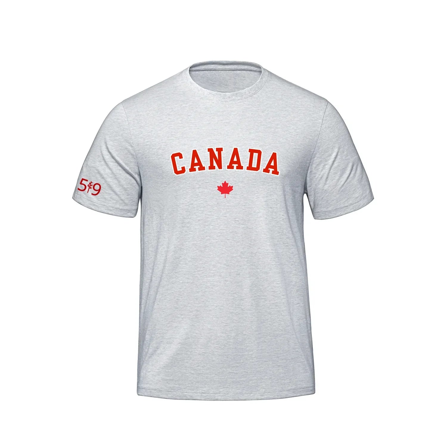 Light grey Canada t-shirt with red maple leaf and 5*9 text on the sleeve