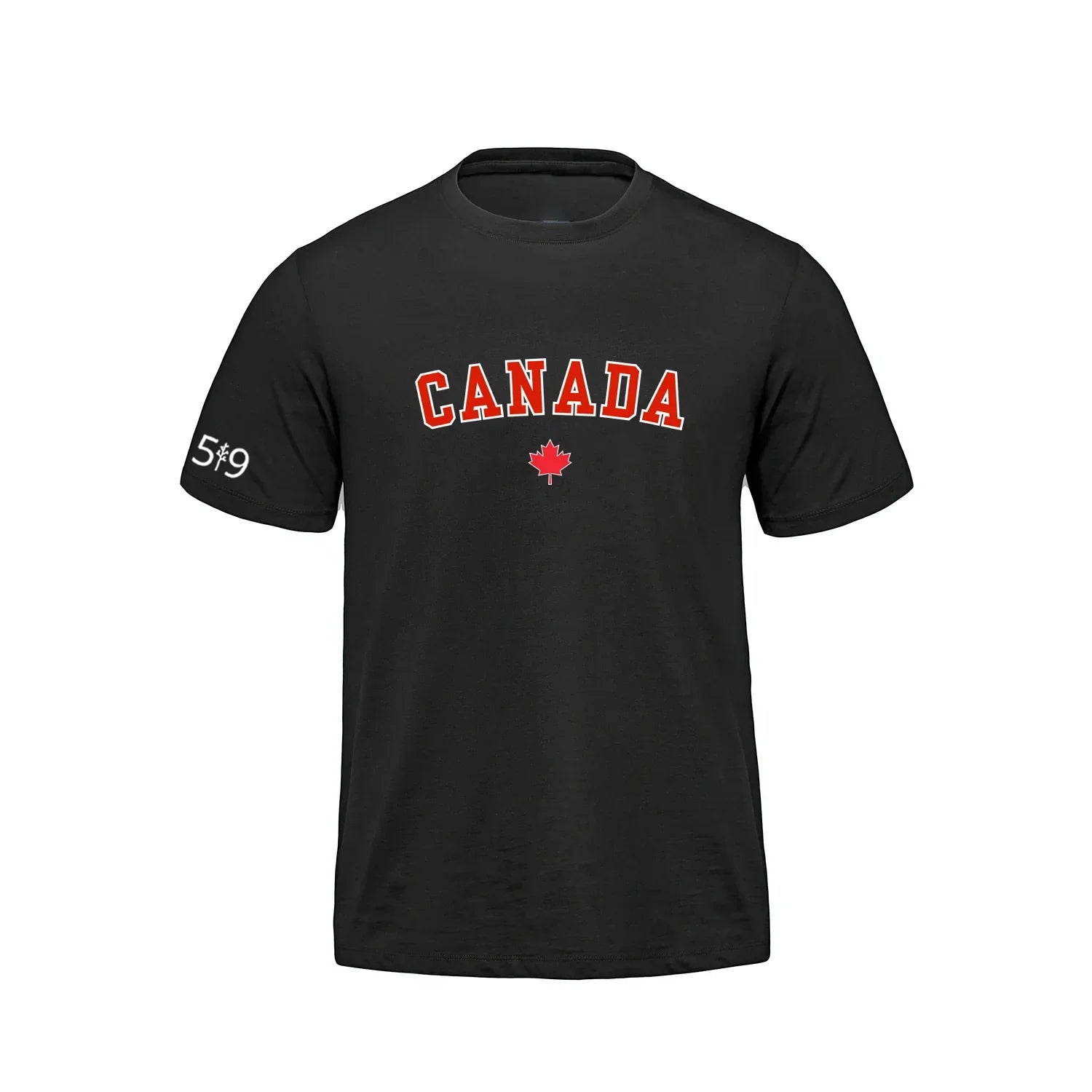 Black Canada t-shirt with red maple leaf, white 5•9 text on left sleeve