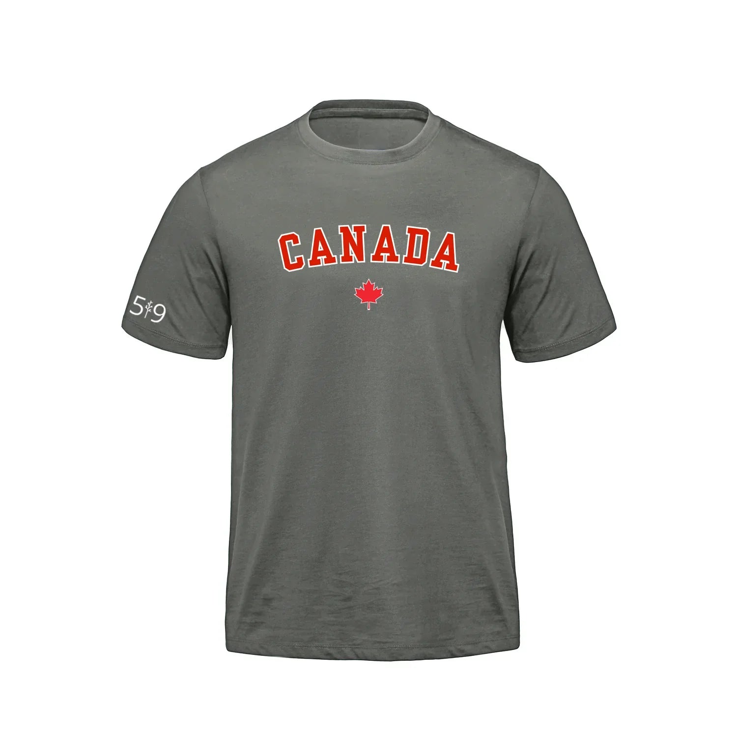 Sage green Canada t-shirt with red Canada lettering, maple leaf, and 5v9 on sleeve