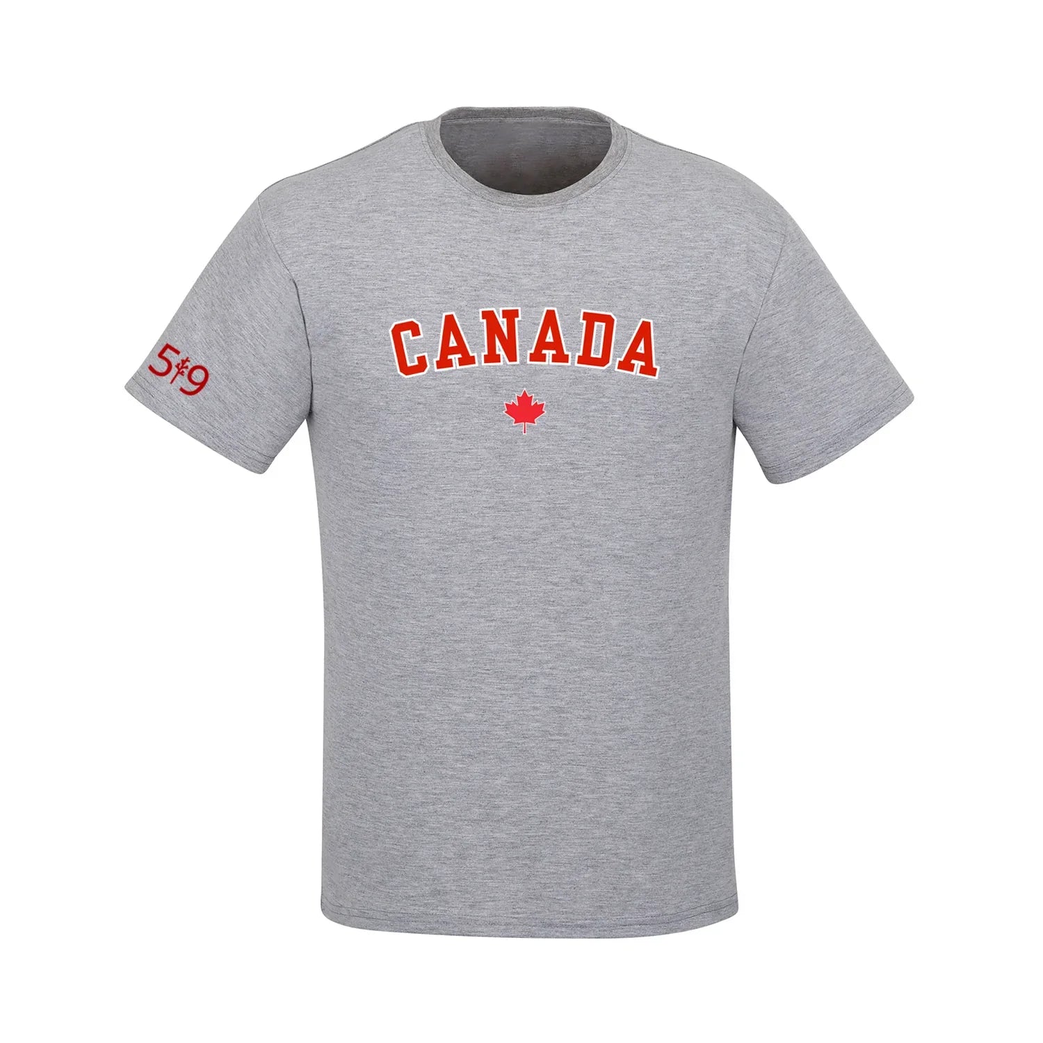 Gray Canada t-shirt with red maple leaf and 5*9 text on left sleeve