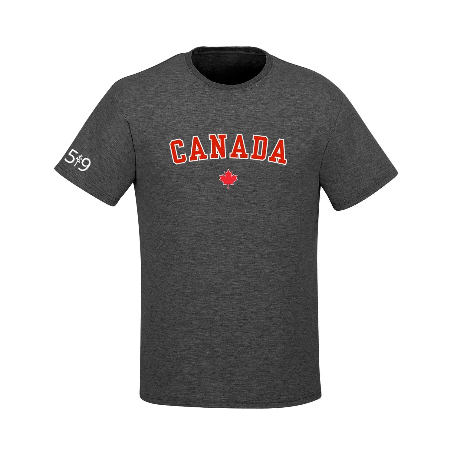 Charcoal Canada t-shirt with red maple leaf and white 519 on the sleeve