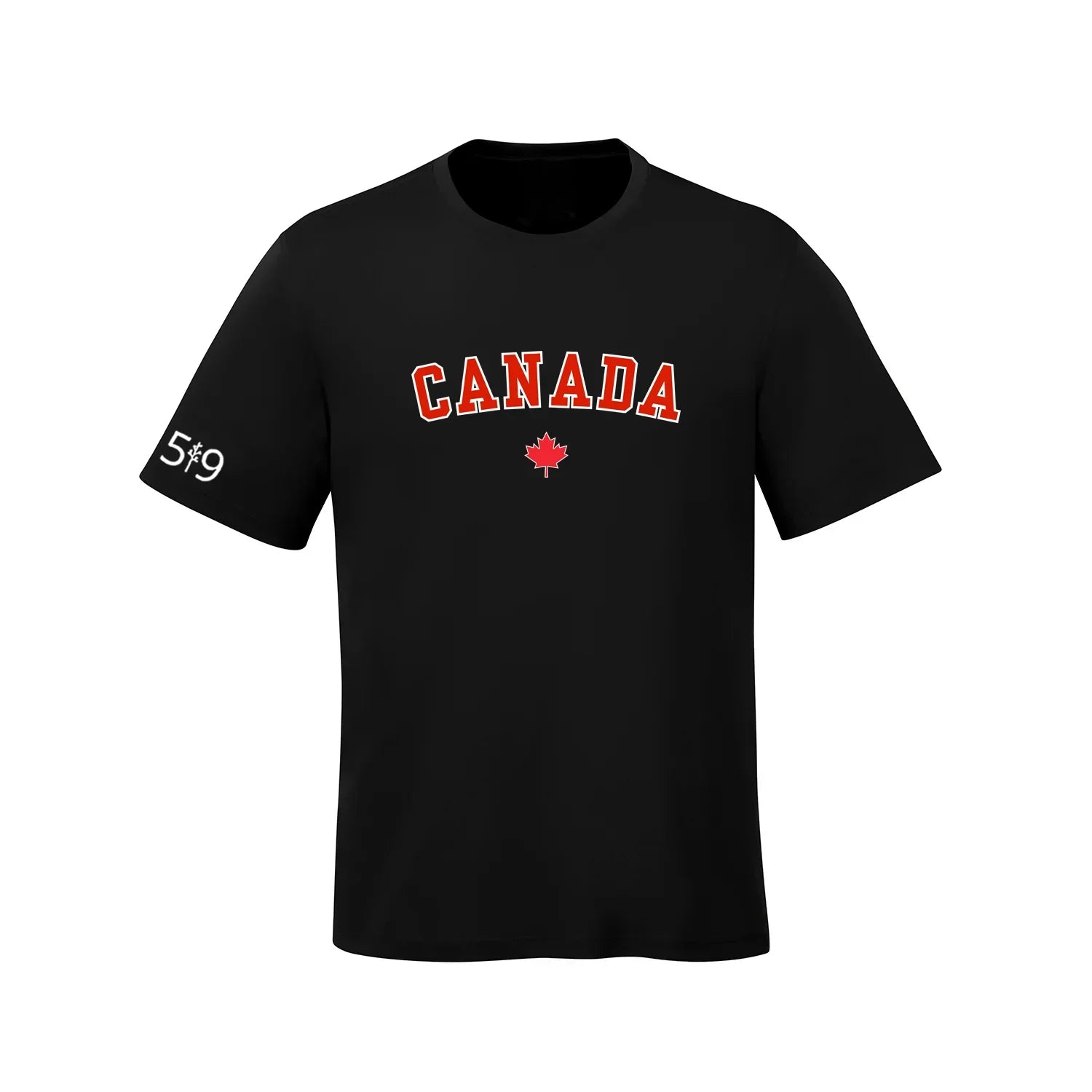 Black Canada t-shirt with red maple leaf and white 5*9 text on sleeve