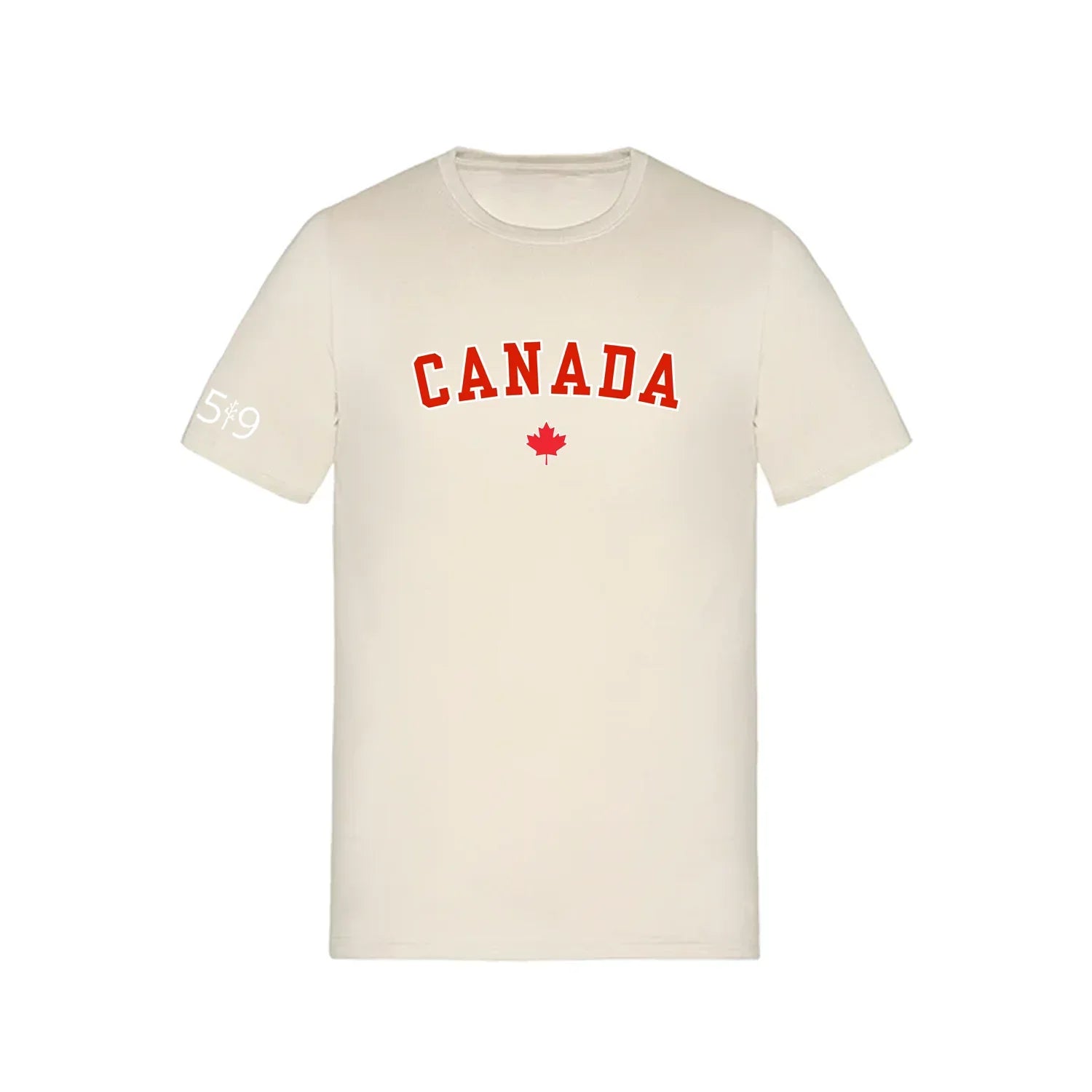 Ivory Canada t-shirt with red lettering, maple leaf graphic, and 5*9 sleeve print