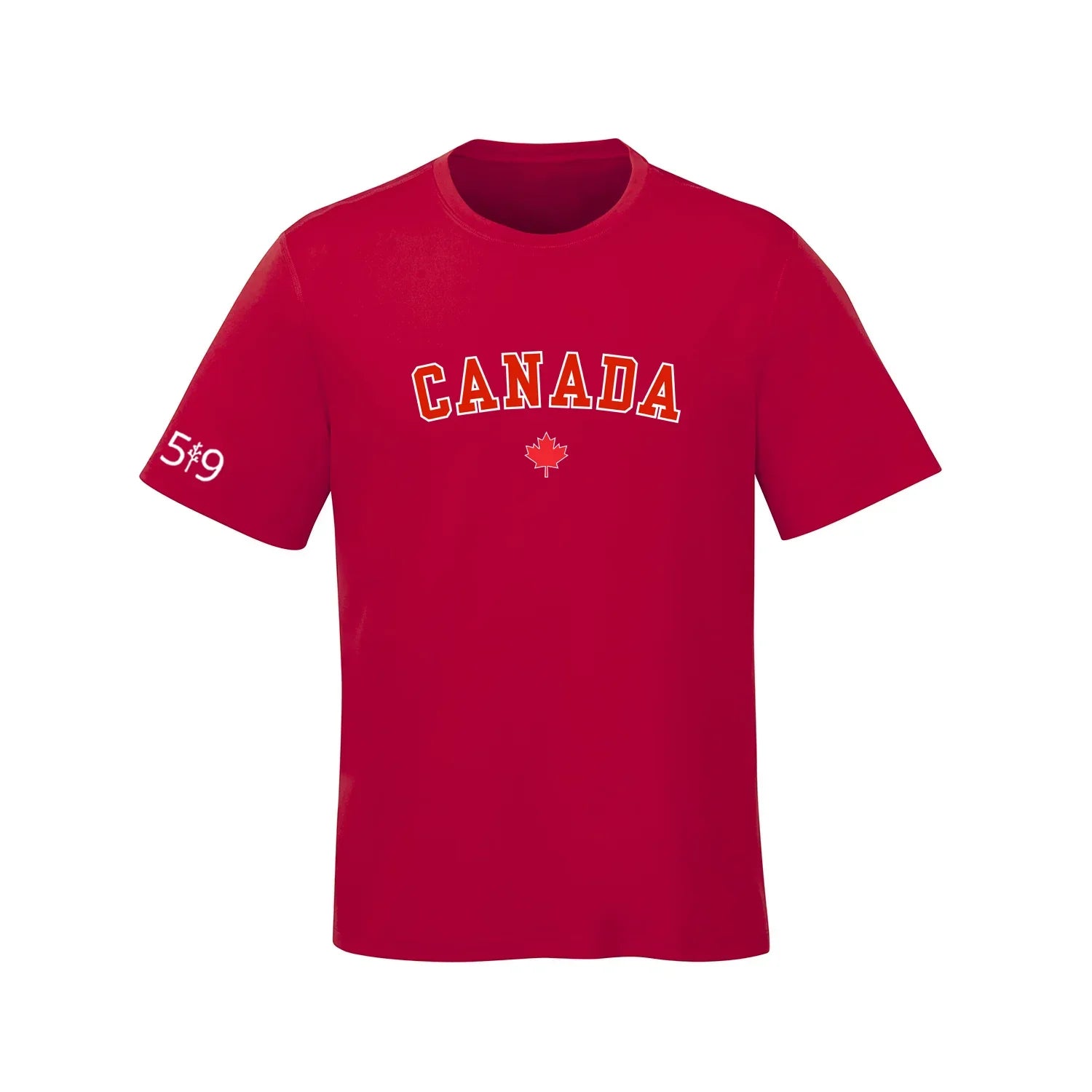 Red Canada t-shirt with maple leaf and 5*9 on sleeve, Canadian souvenir clothing