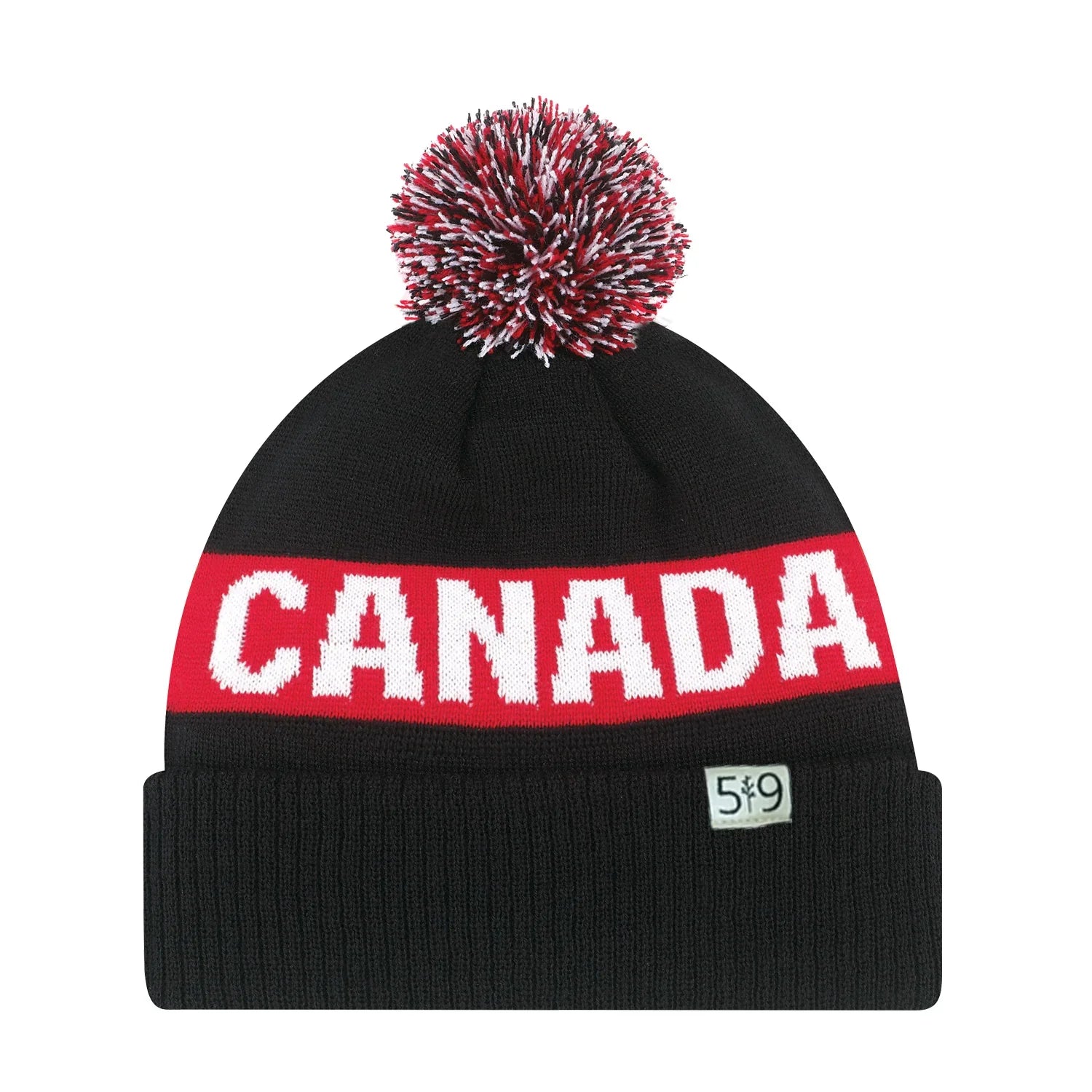 Black and red Canada beanie with pom-pom and 5*9 label on cuff