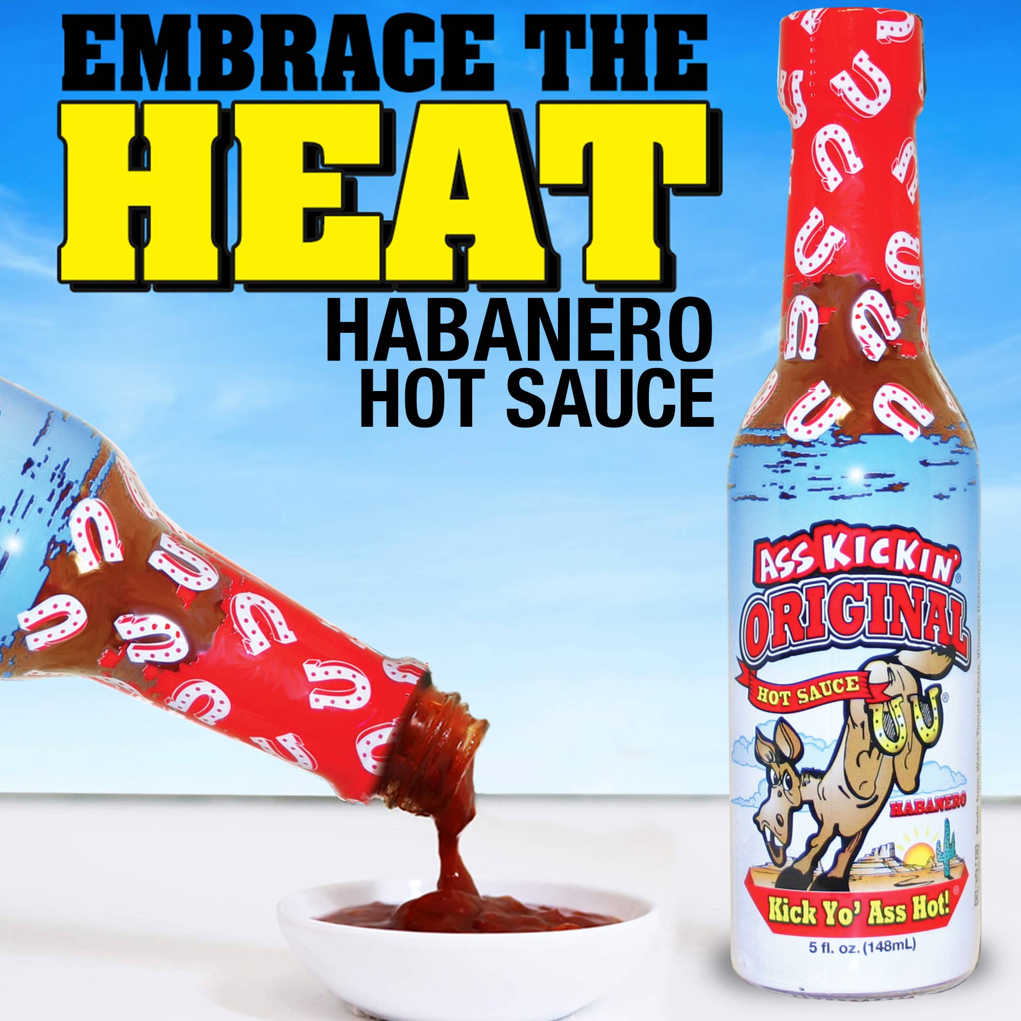 Habanero hot sauce bottle pouring spicy sauce into bowl with bold heat branding