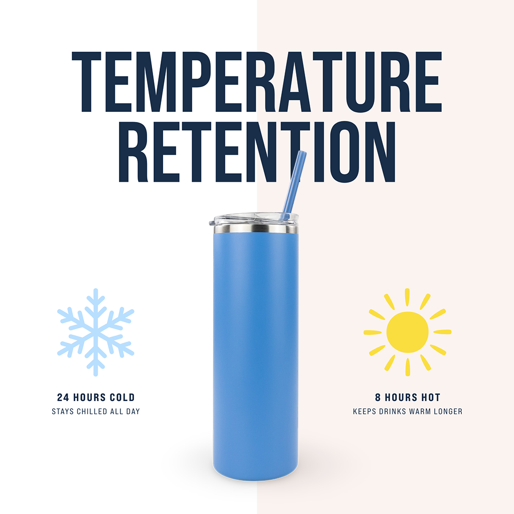 Blue insulated tumbler with straw, highlighting 24-hour cold and 8-hour hot drink temperature retention
