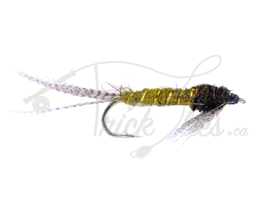 52 Buick fly fishing lure with yellow and black body, feather tail, and silver hook