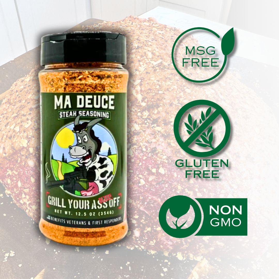 Ma Deuce steak seasoning bottle with MSG free, gluten free, non-GMO labels on a meat background
