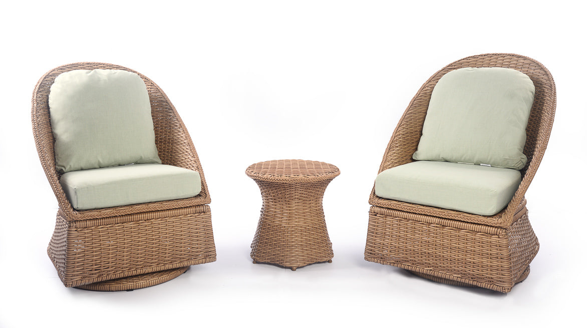 Outdoor wicker patio chair set with two cushioned chairs and a matching side table