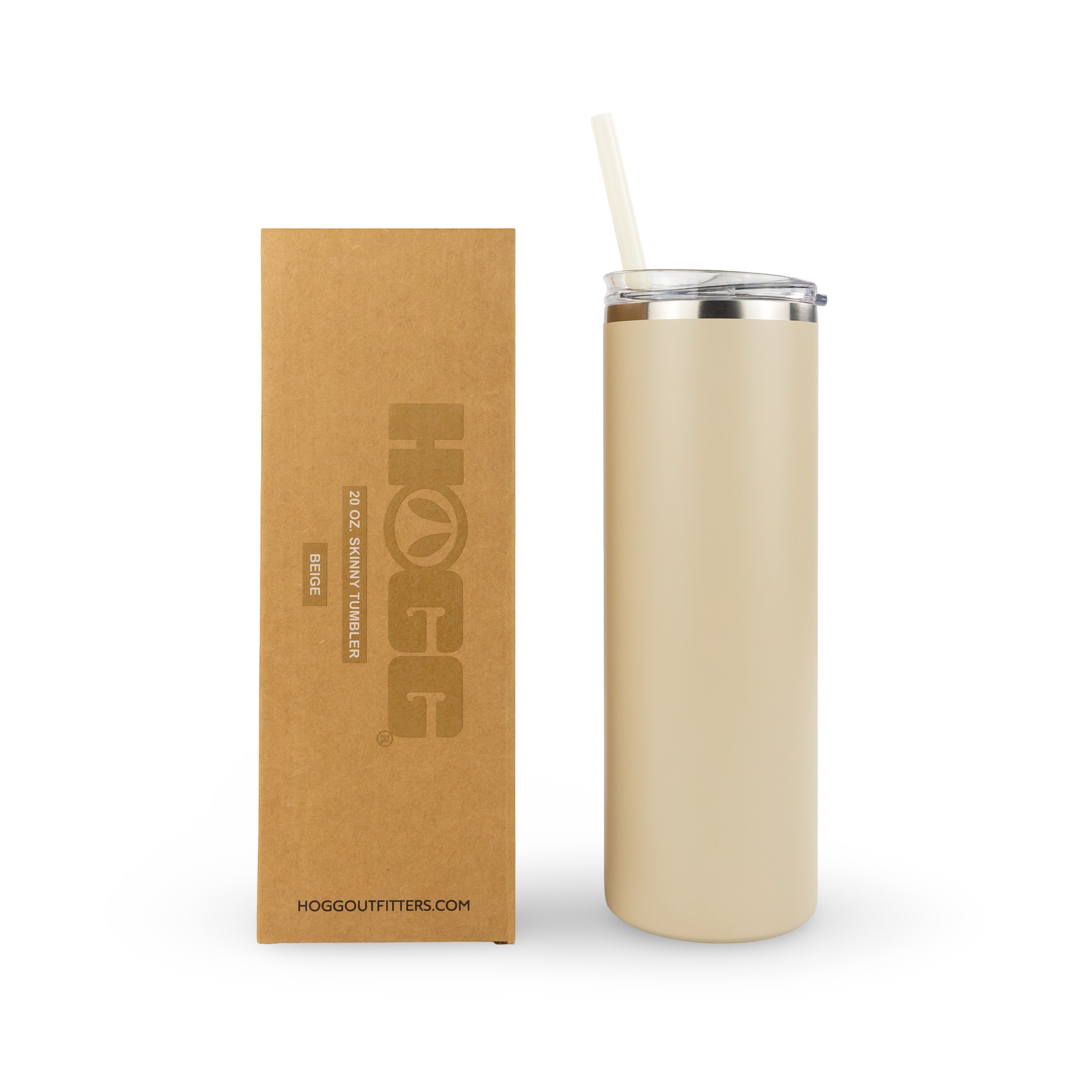 Beige 20 oz skinny tumbler with straw and box, outdoor drinkware