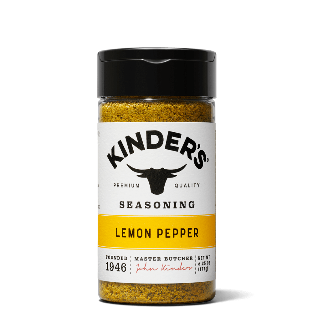 Kinder's Lemon Pepper seasoning spice bottle with black lid, premium quality label
