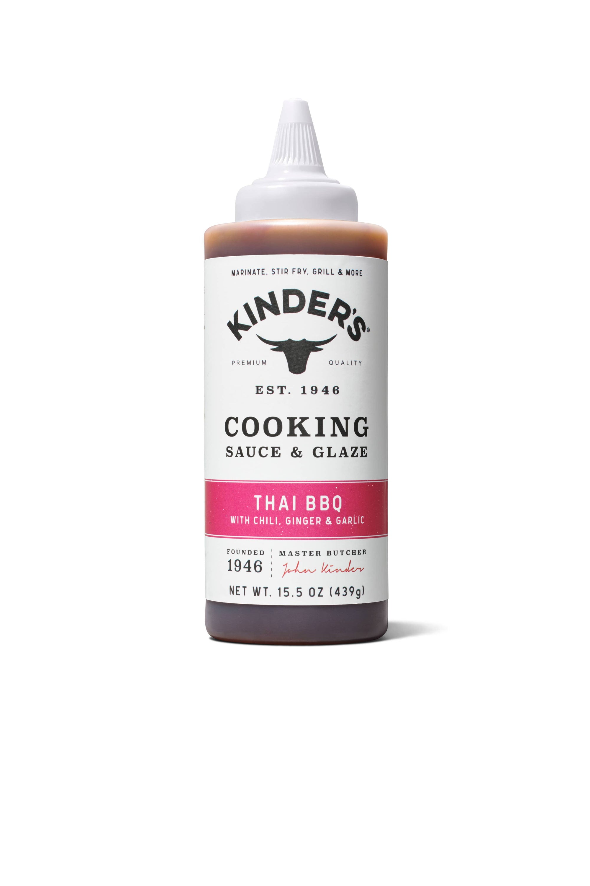 Kinder's Thai BBQ cooking sauce and glaze bottle with chili, ginger, garlic, 15.5 oz