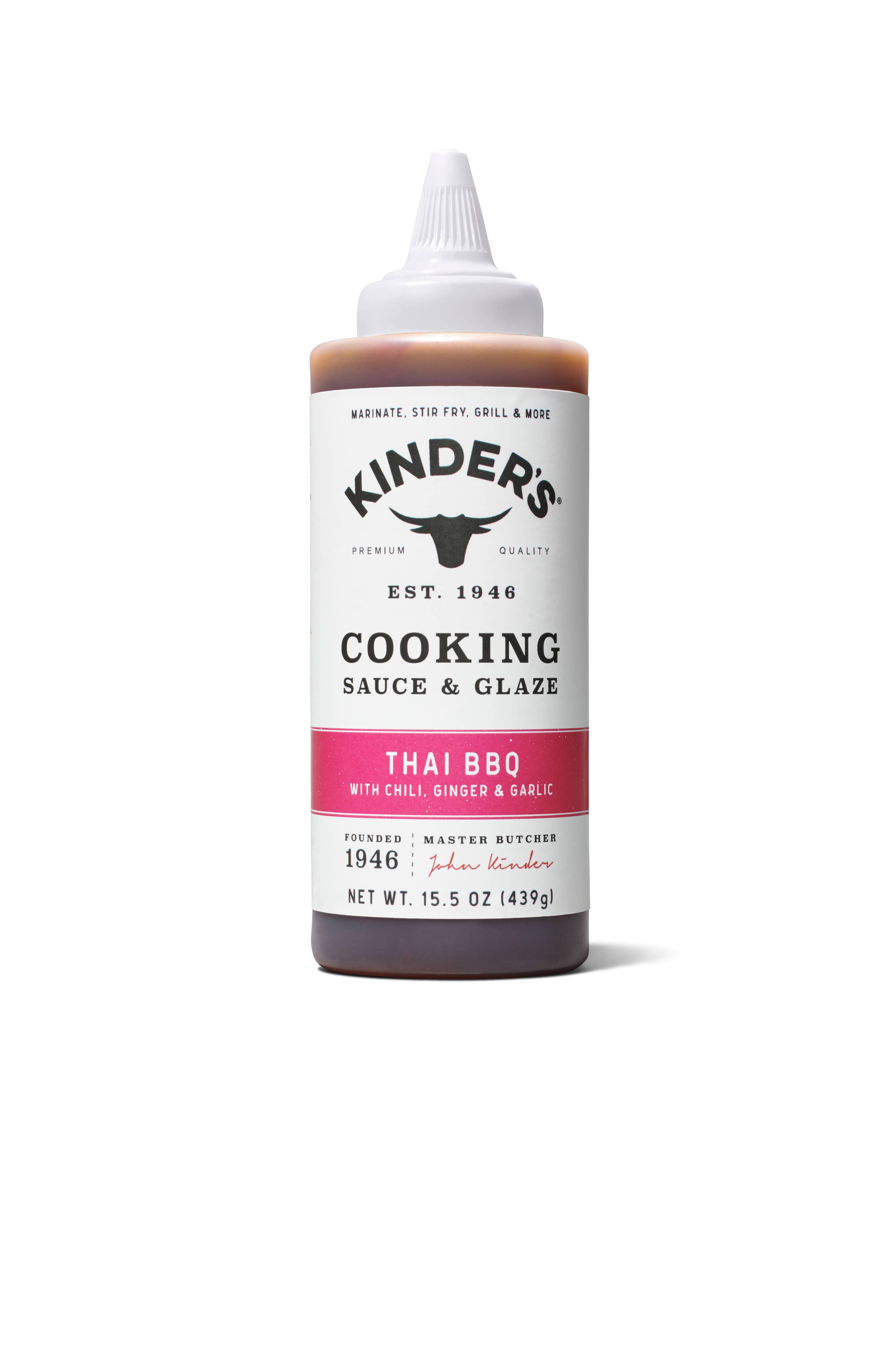 Kinder's Thai BBQ cooking sauce and glaze bottle with chili, ginger, garlic, 15.5 oz