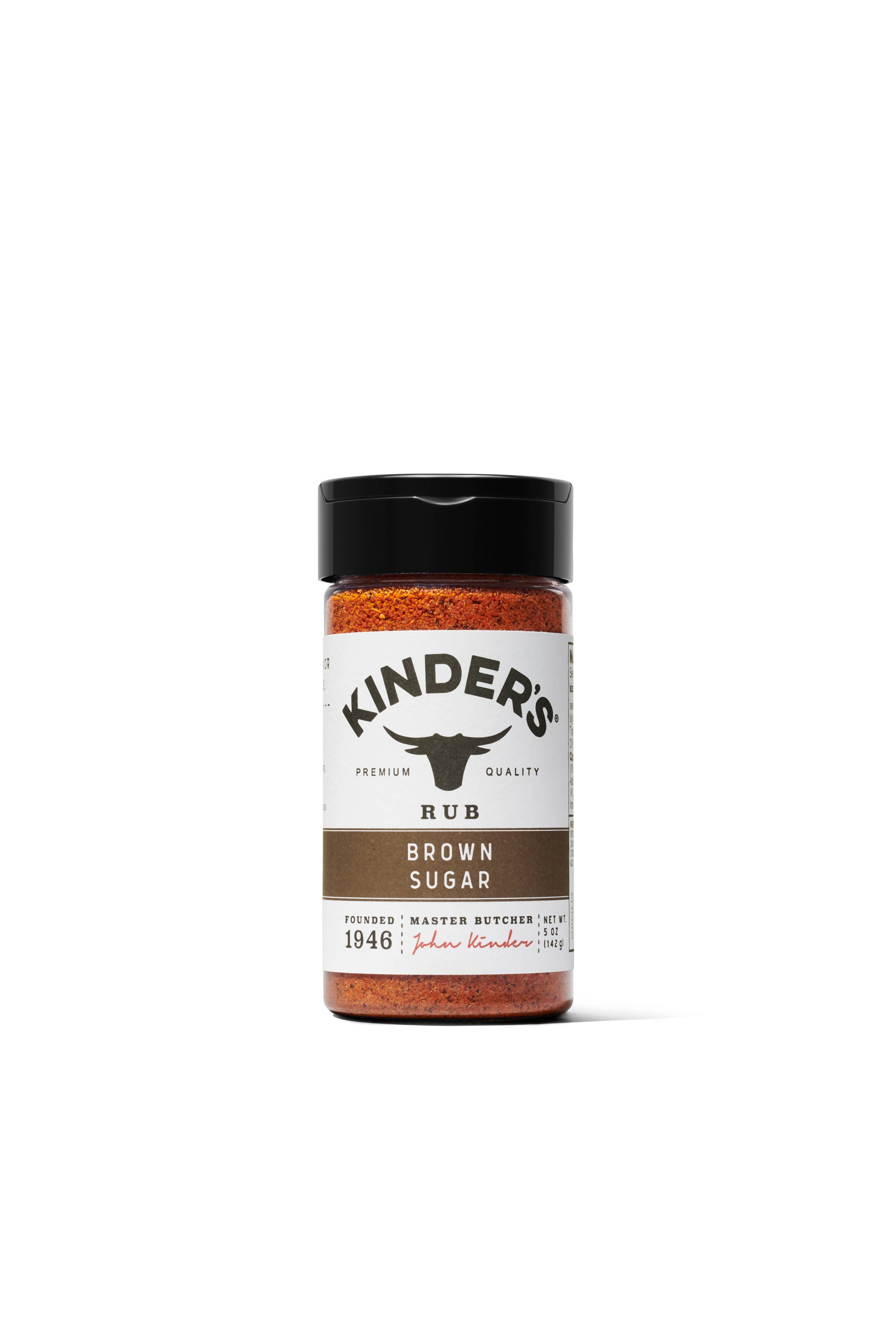 Kinder's Brown Sugar Rub spice bottle with black lid on white background, grilling seasoning